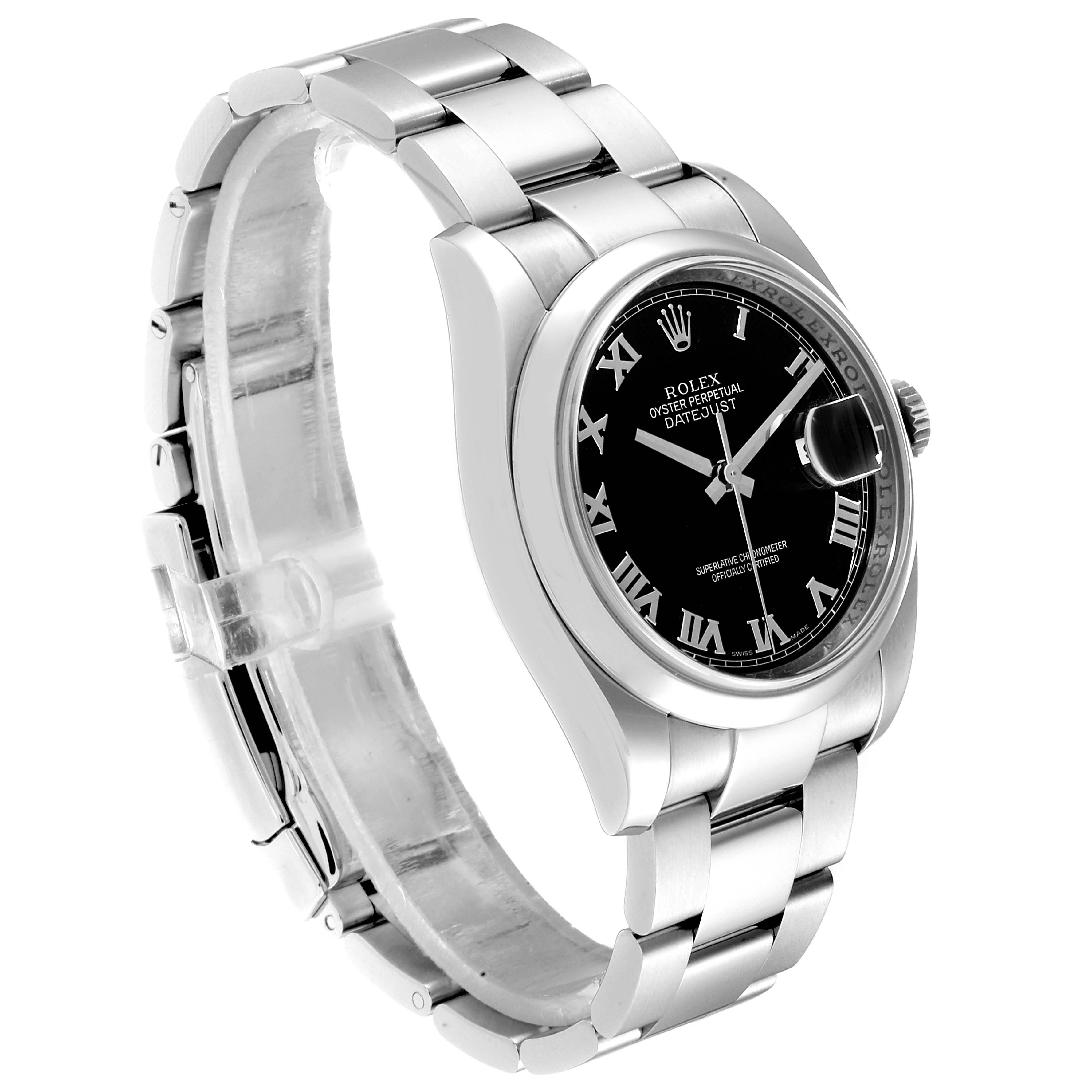 The image shows a Rolex Datejust 116200  Men's Stainless Steel Black Dial 116200  Men's Stainless Steel Black Dial watch from a side angle, highlighting the bracelet, case, dial, and crown.