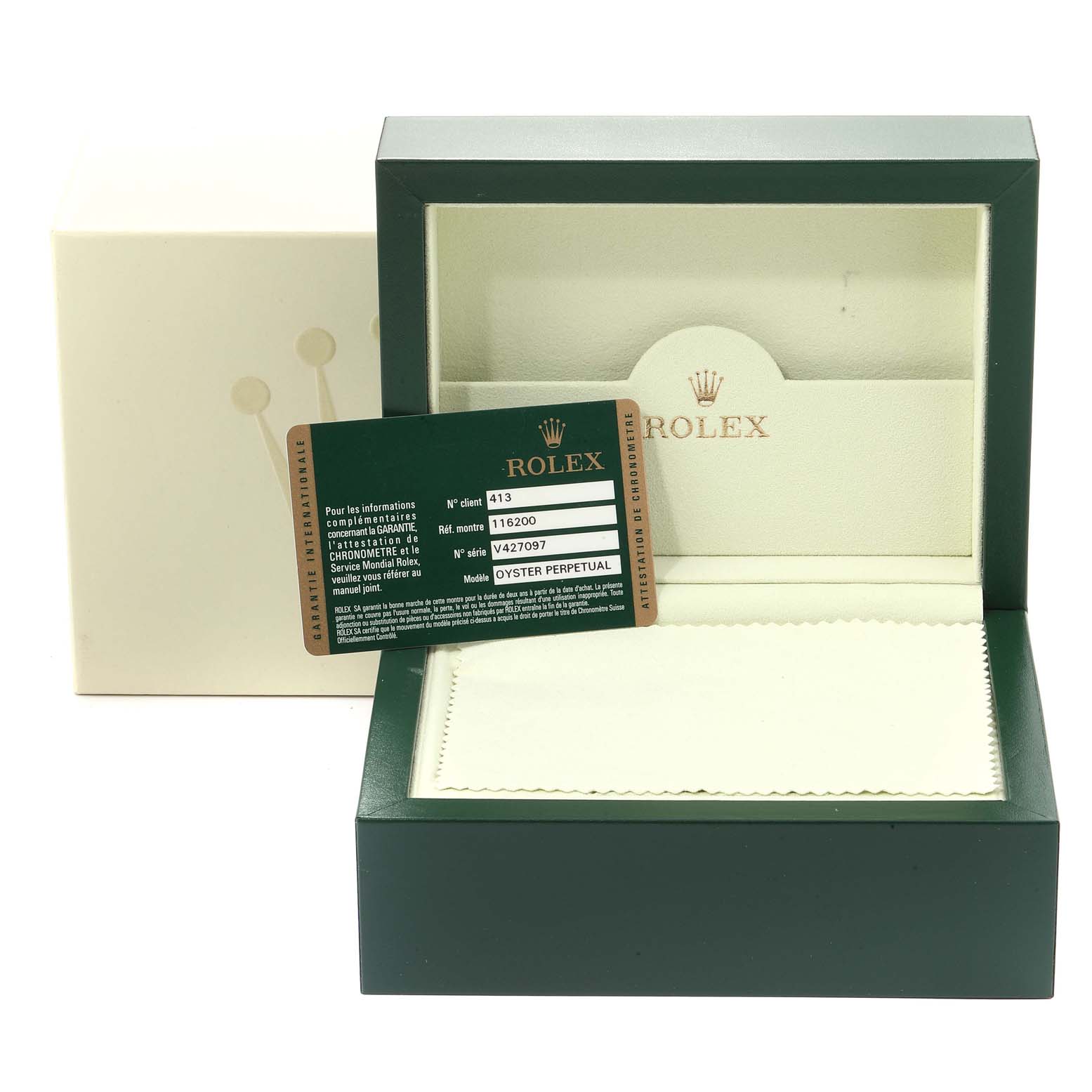 The image shows an open Rolex Datejust 116200  Men's Stainless Steel Black Dial 116200  Men's Stainless Steel Black Dial watch box and a certification card.