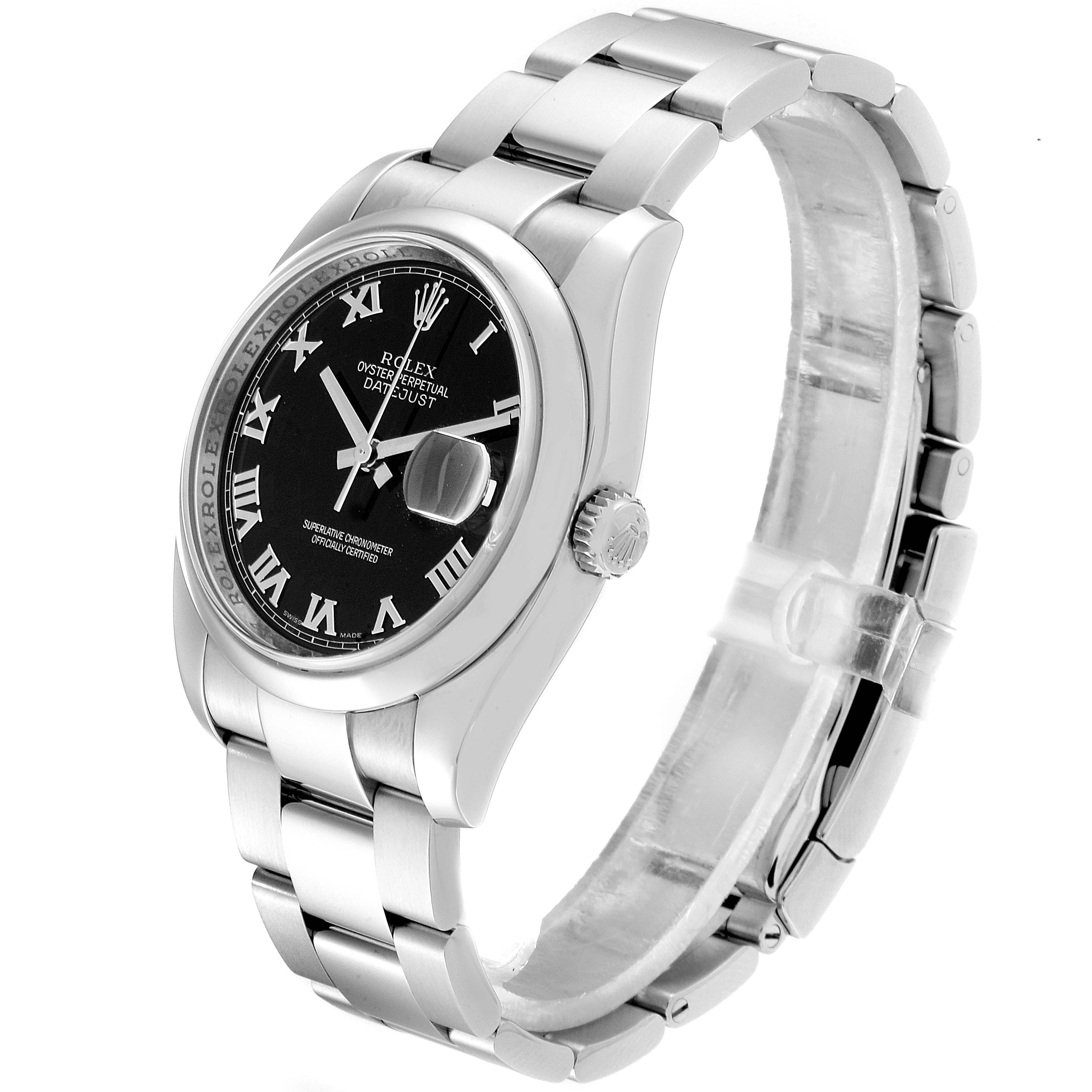 The image shows a Rolex Datejust 116200  Men's Stainless Steel Black Dial 116200  Men's Stainless Steel Black Dial watch at a three-quarter angle, displaying the face, bezel, crown, and bracelet.