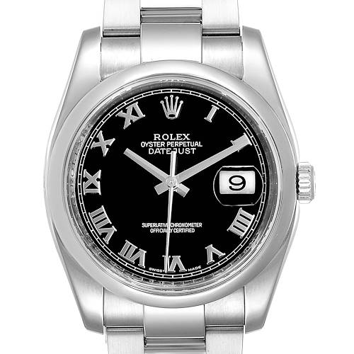 This image shows a front view of a Rolex Datejust watch, displaying its face, bezel, and part of the bracelet.