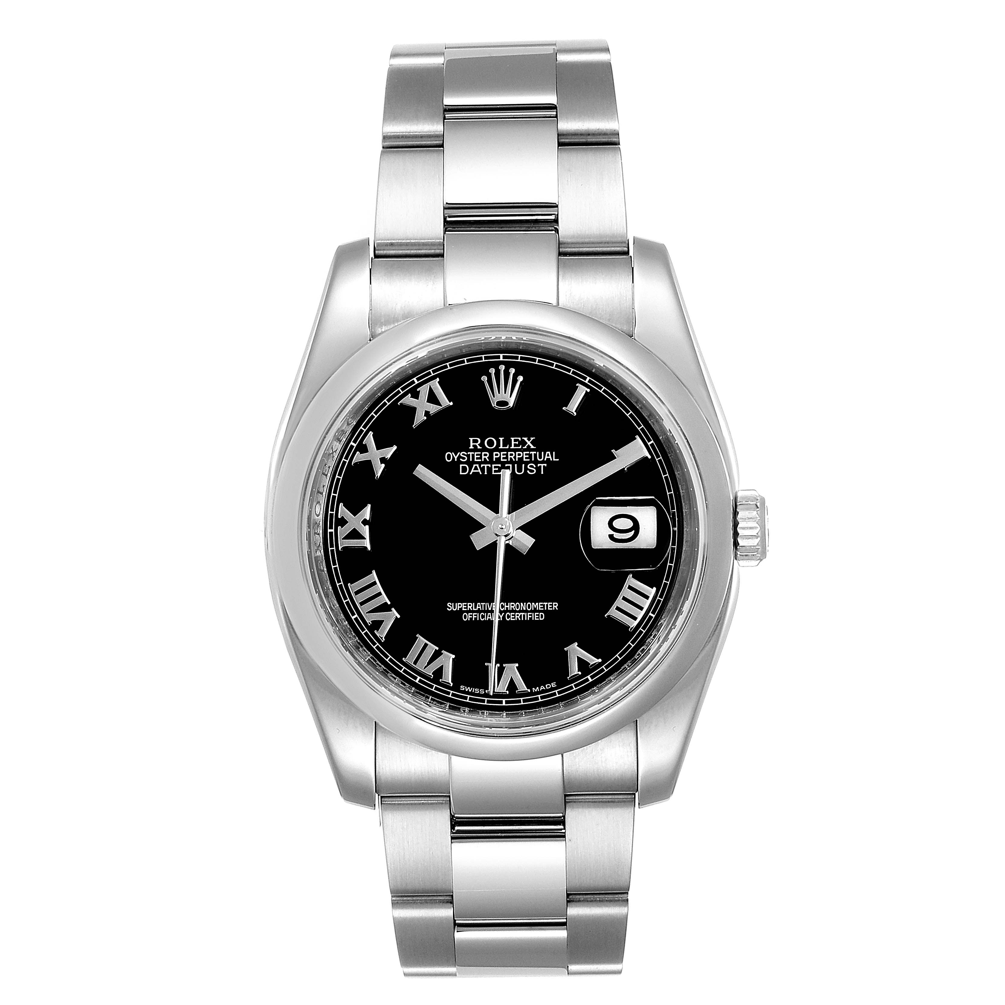 The Rolex Datejust 116200  Men's Stainless Steel Black Dial 116200  Men's Stainless Steel Black Dial watch is shown from a top-down view, featuring a black dial, Roman numerals, date display, and metal bracelet.