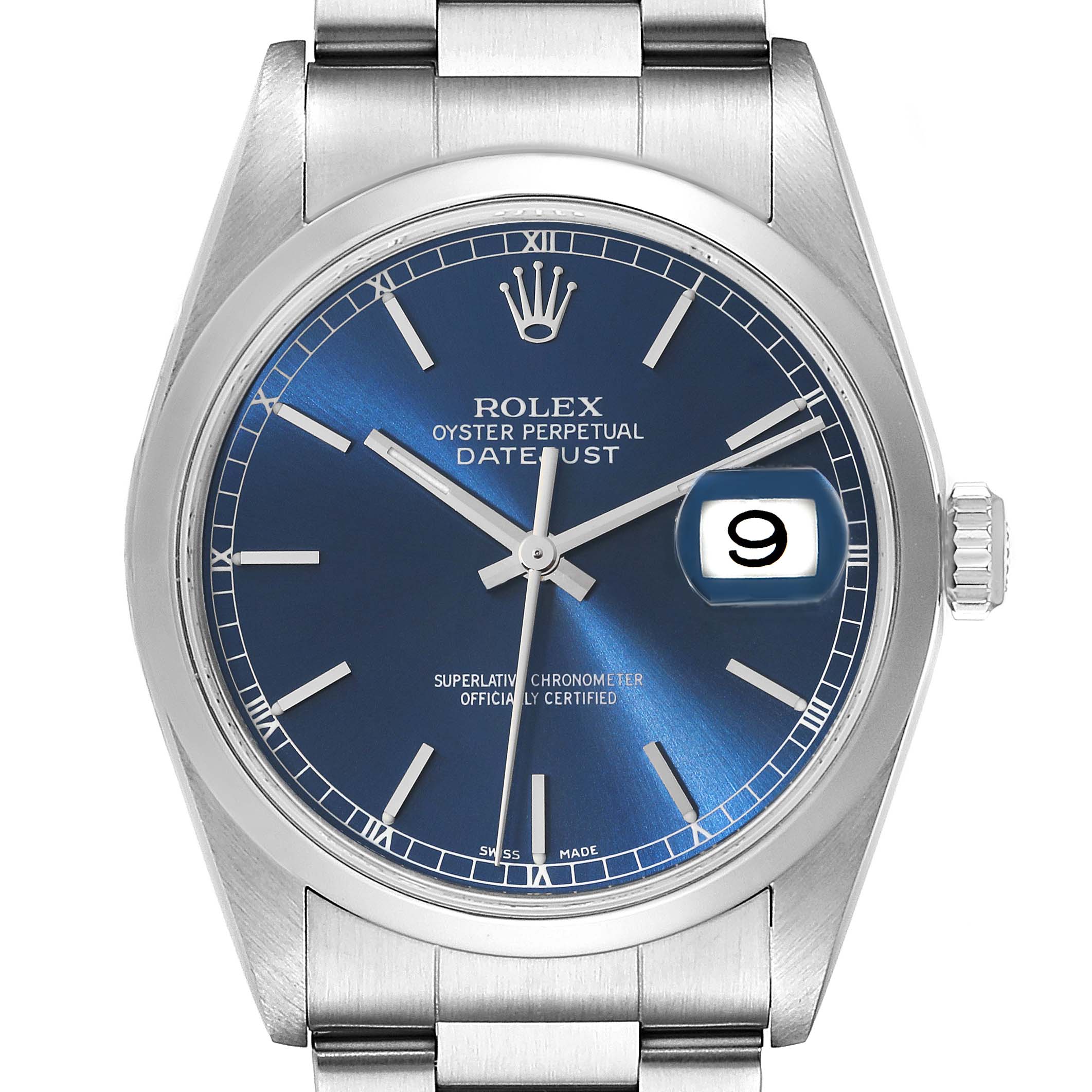 The image shows a front view of a Rolex Datejust 16200 Men's Stainless Steel Blue Dial 16200 Men's Stainless Steel Blue Dial watch, highlighting the dial, bezel, and the start of the bracelet.