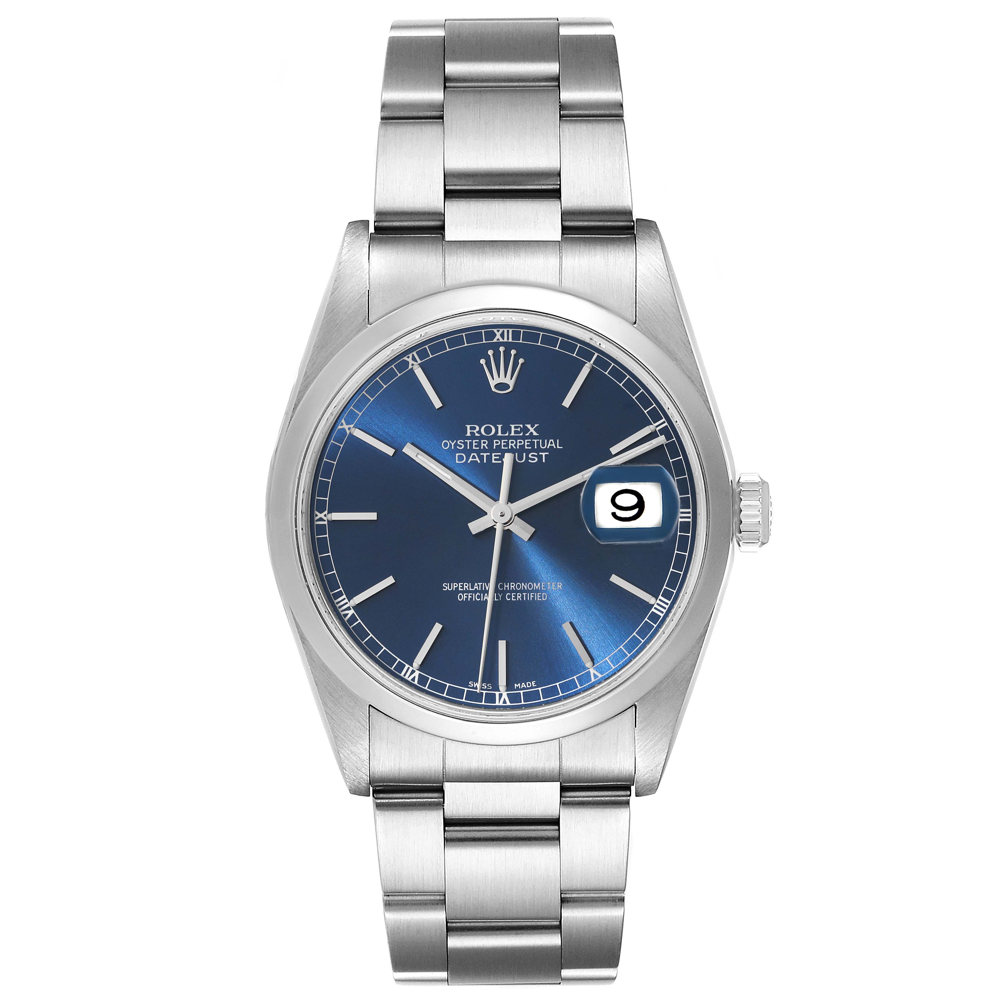 This image shows a Rolex Datejust 16200 Men's Stainless Steel Blue Dial 16200 Men's Stainless Steel Blue Dial watch from a front angle, displaying the face, bracelet, and crown.