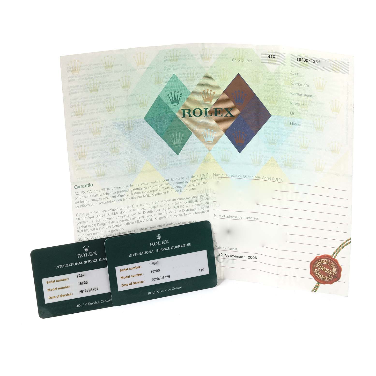 The image shows the warranty card and paperwork for a Rolex Datejust 16200 Men's Stainless Steel Blue Dial 16200 Men's Stainless Steel Blue Dial watch.