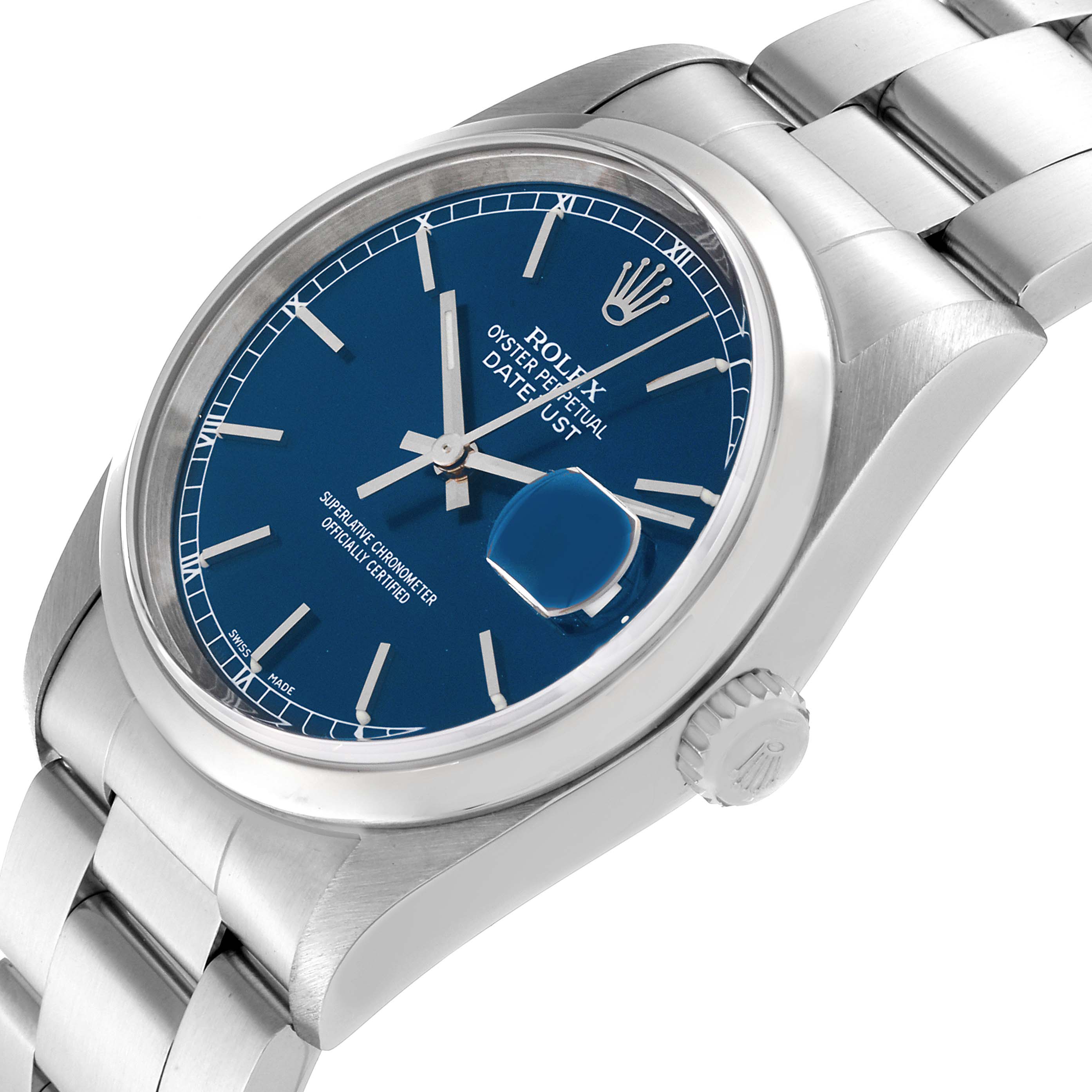 This image shows a side-angle view of the Rolex Datejust 16200 Men's Stainless Steel Blue Dial 16200 Men's Stainless Steel Blue Dial watch, highlighting the blue dial, silver markers, and stainless steel band.