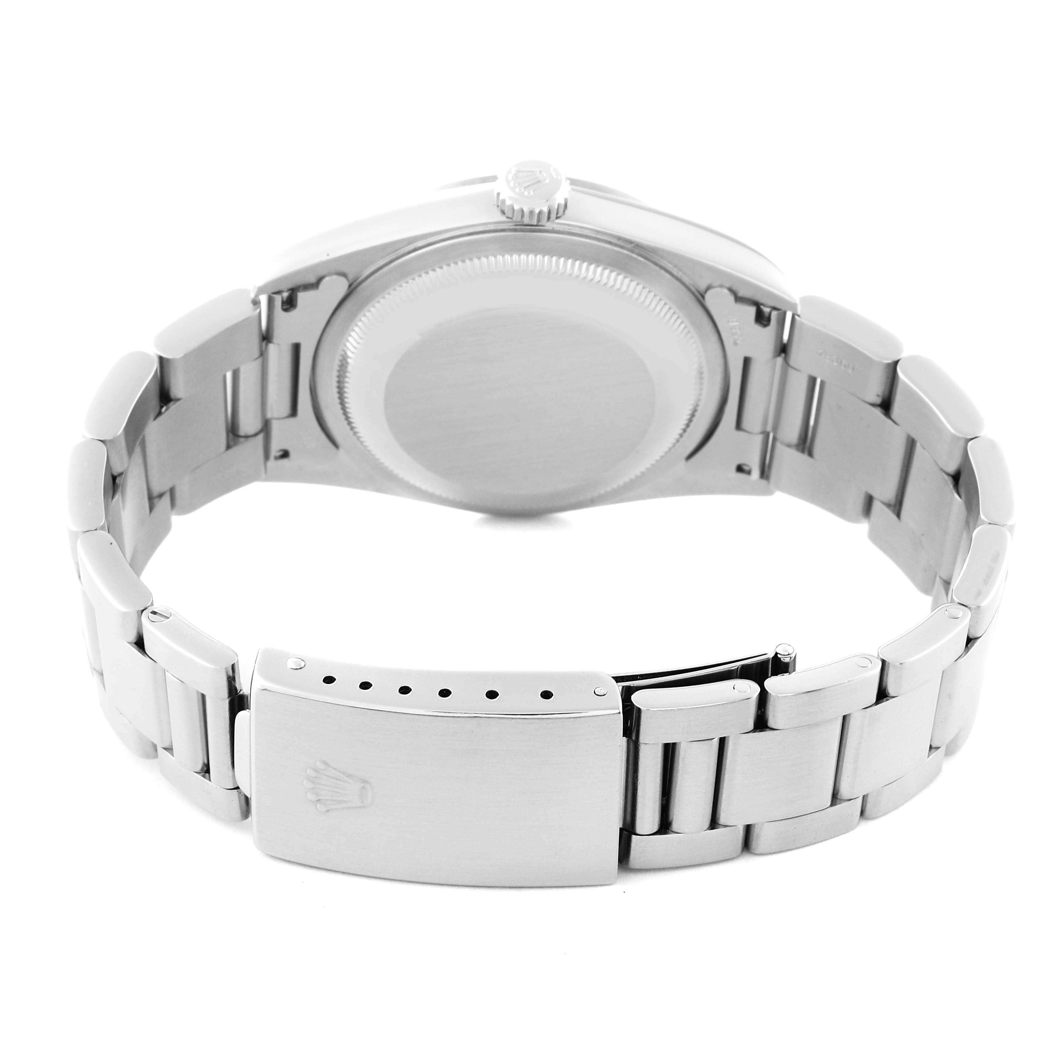 The image shows the back case and bracelet clasp of a Rolex Datejust 16200 Men's Stainless Steel Blue Dial 16200 Men's Stainless Steel Blue Dial watch.