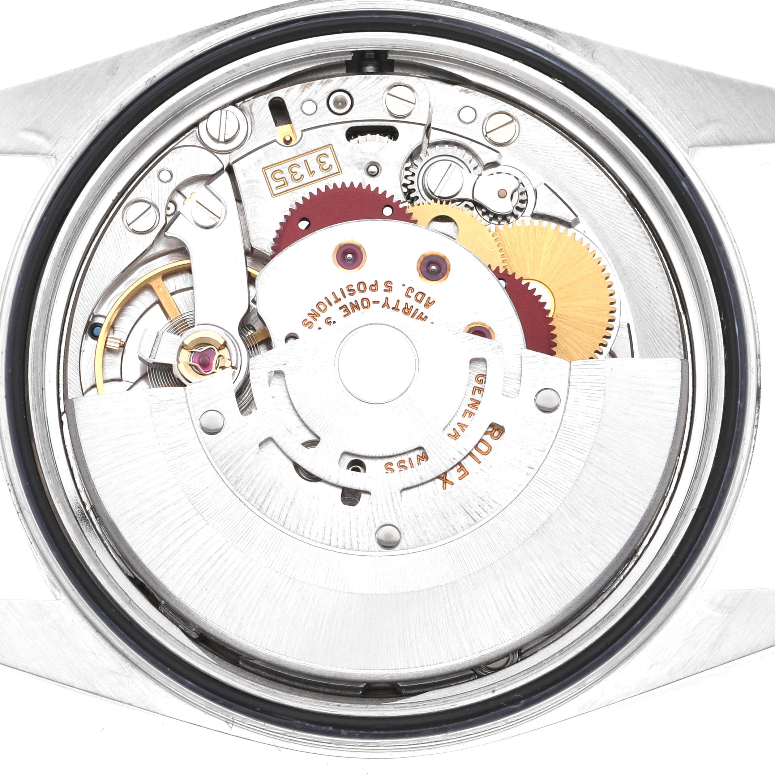 This image shows the inner mechanical movement of a Rolex Datejust 16200 Men's Stainless Steel Blue Dial 16200 Men's Stainless Steel Blue Dial model from a top-down angle.