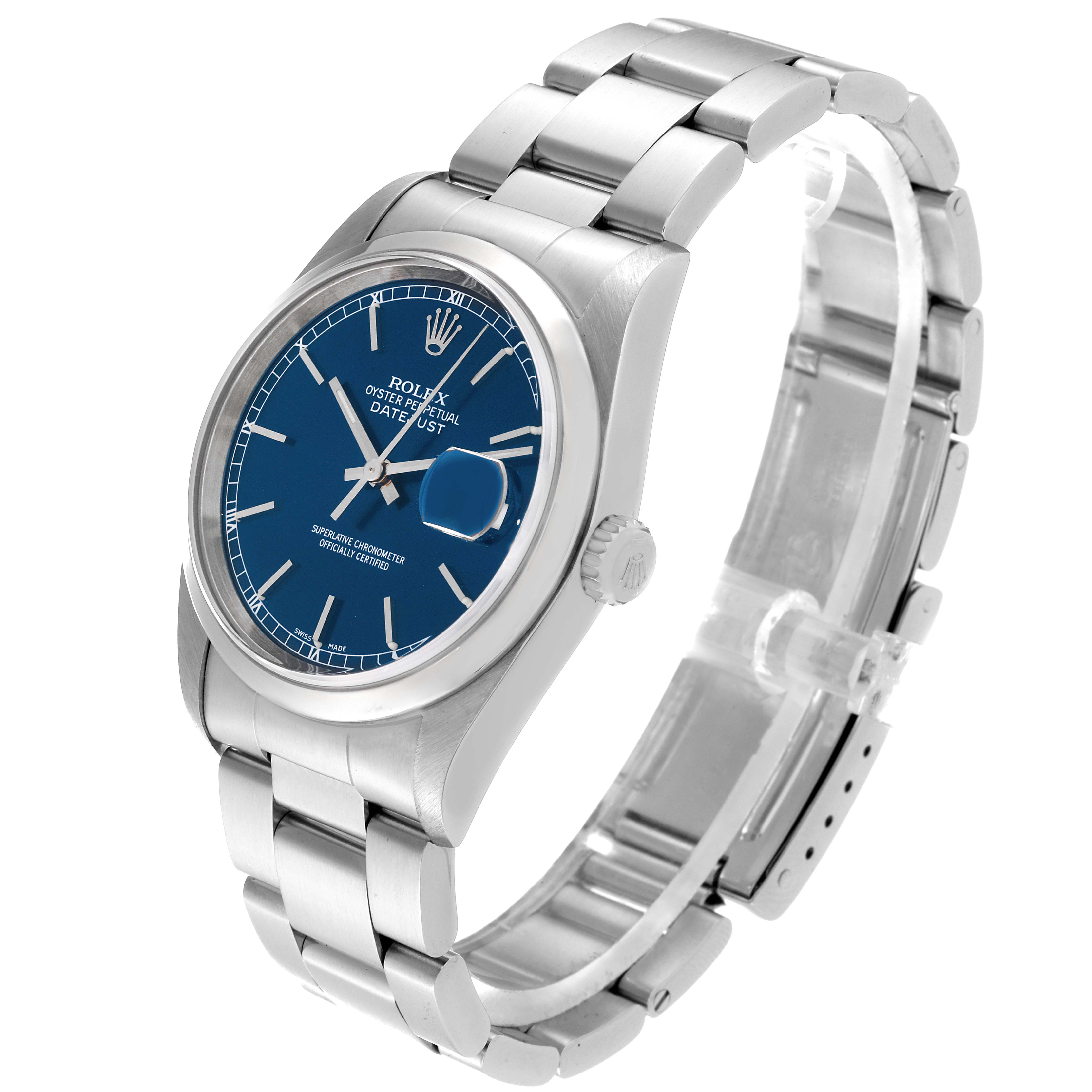This image shows a Rolex Datejust 16200 Men's Stainless Steel Blue Dial 16200 Men's Stainless Steel Blue Dial watch from a three-quarter angle, displaying the dial, case, and bracelet.