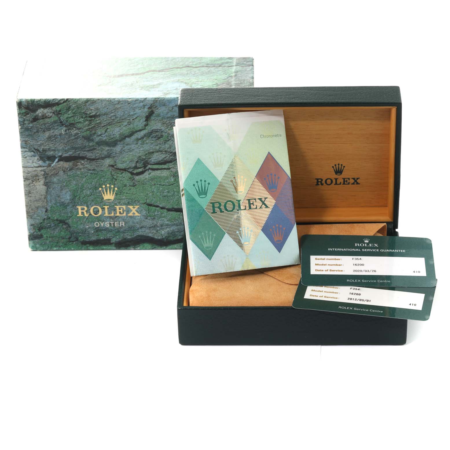 The image shows the packaging, booklet, and warranty cards for a Rolex Datejust 16200 Men's Stainless Steel Blue Dial 16200 Men's Stainless Steel Blue Dial watch.