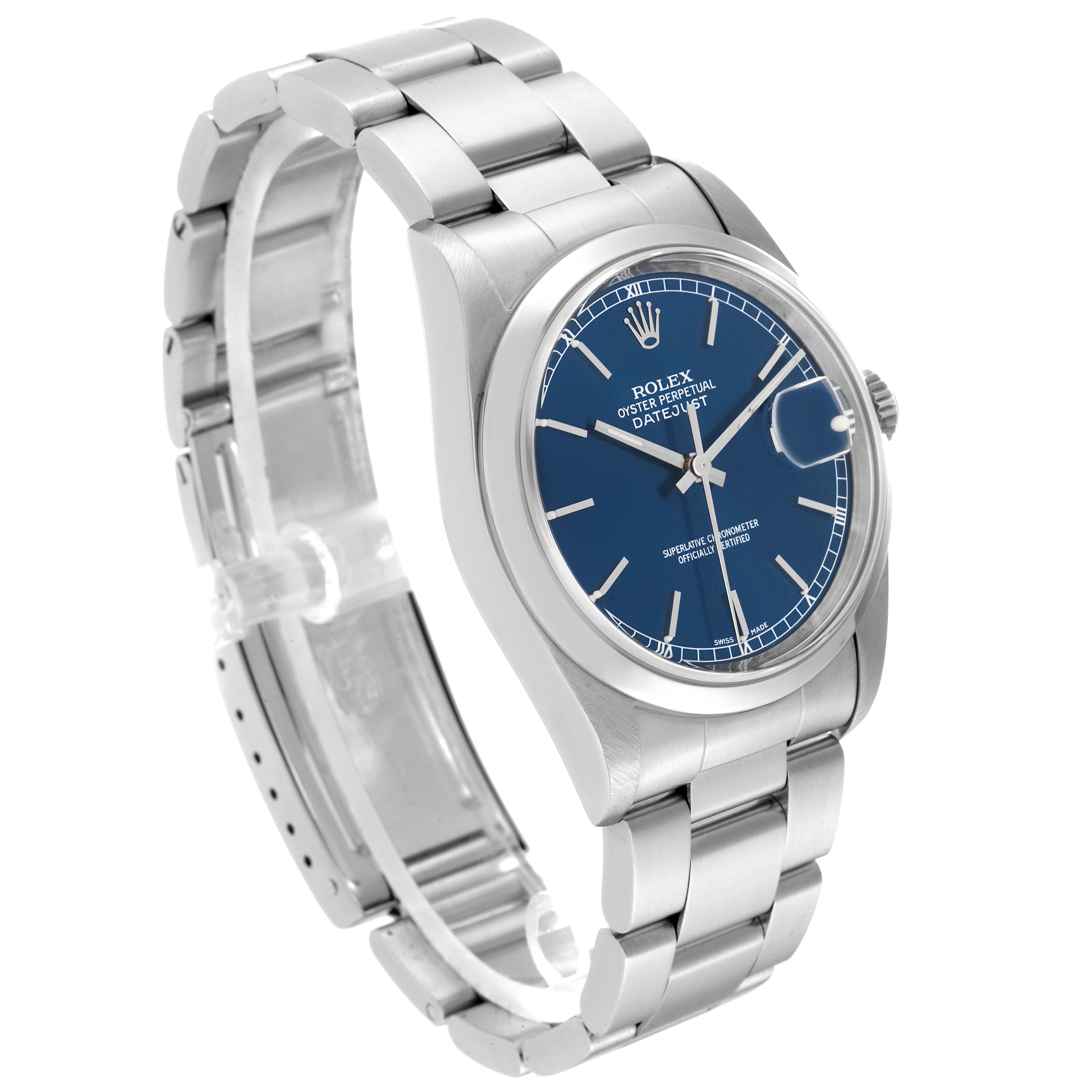 This image shows the Rolex Datejust 16200 Men's Stainless Steel Blue Dial 16200 Men's Stainless Steel Blue Dial watch at a slight angle emphasizing the bracelet, dial, and case.