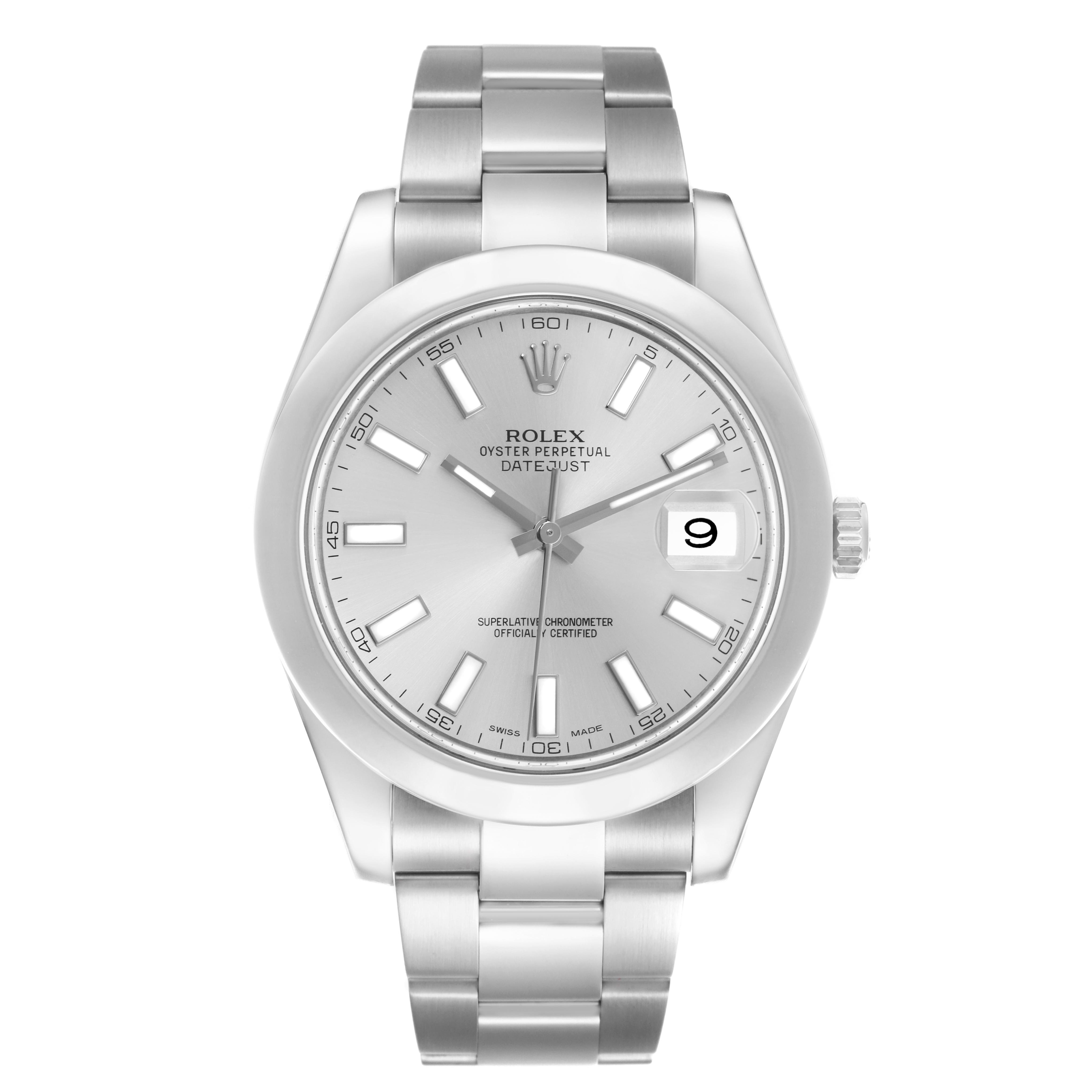 The Rolex Datejust 41 116300 Men's Stainless Steel Silver Dial 116300 Men's Stainless Steel Silver Dial is shown from the front, displaying the dial, hands, bracelet, and date feature clearly.