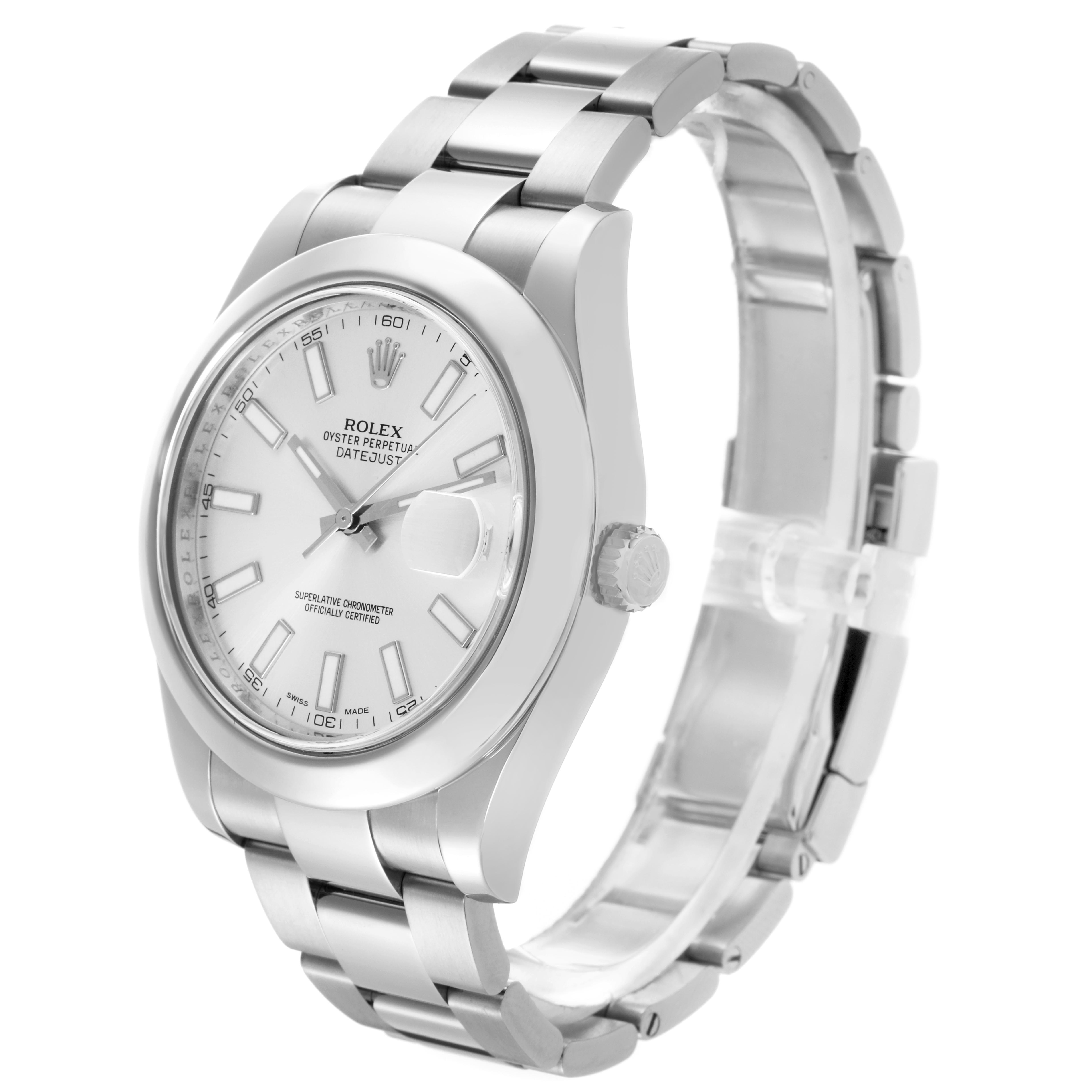 The Rolex Datejust 41 116300 Men's Stainless Steel Silver Dial 116300 Men's Stainless Steel Silver Dial watch is shown from a three-quarter angle, highlighting the case, bezel, dial, bracelet, and crown.