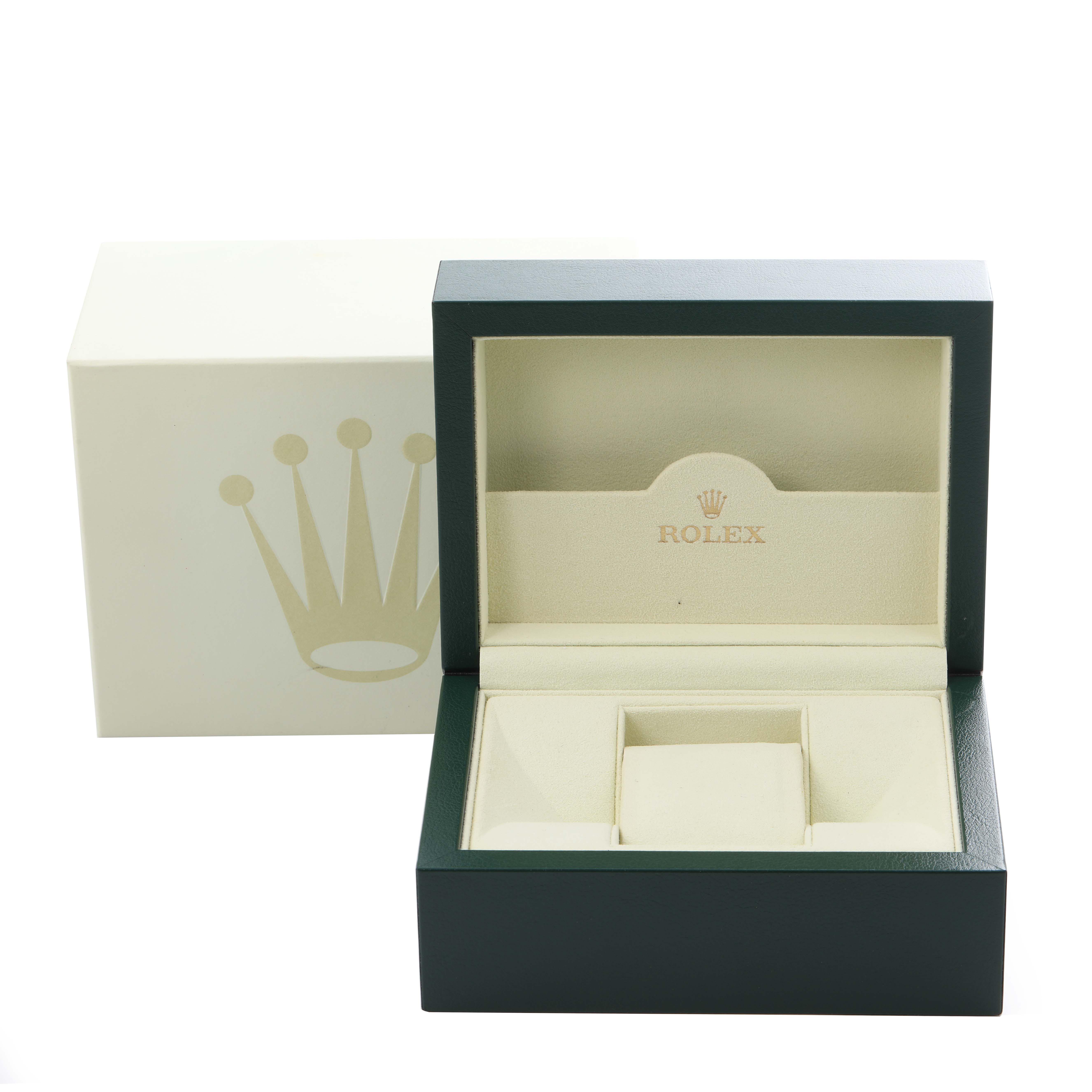 The image shows the open watch box for a Rolex Datejust 41 116300 Men's Stainless Steel Silver Dial 116300 Men's Stainless Steel Silver Dial, featuring the brand logo and compartments for the watch.