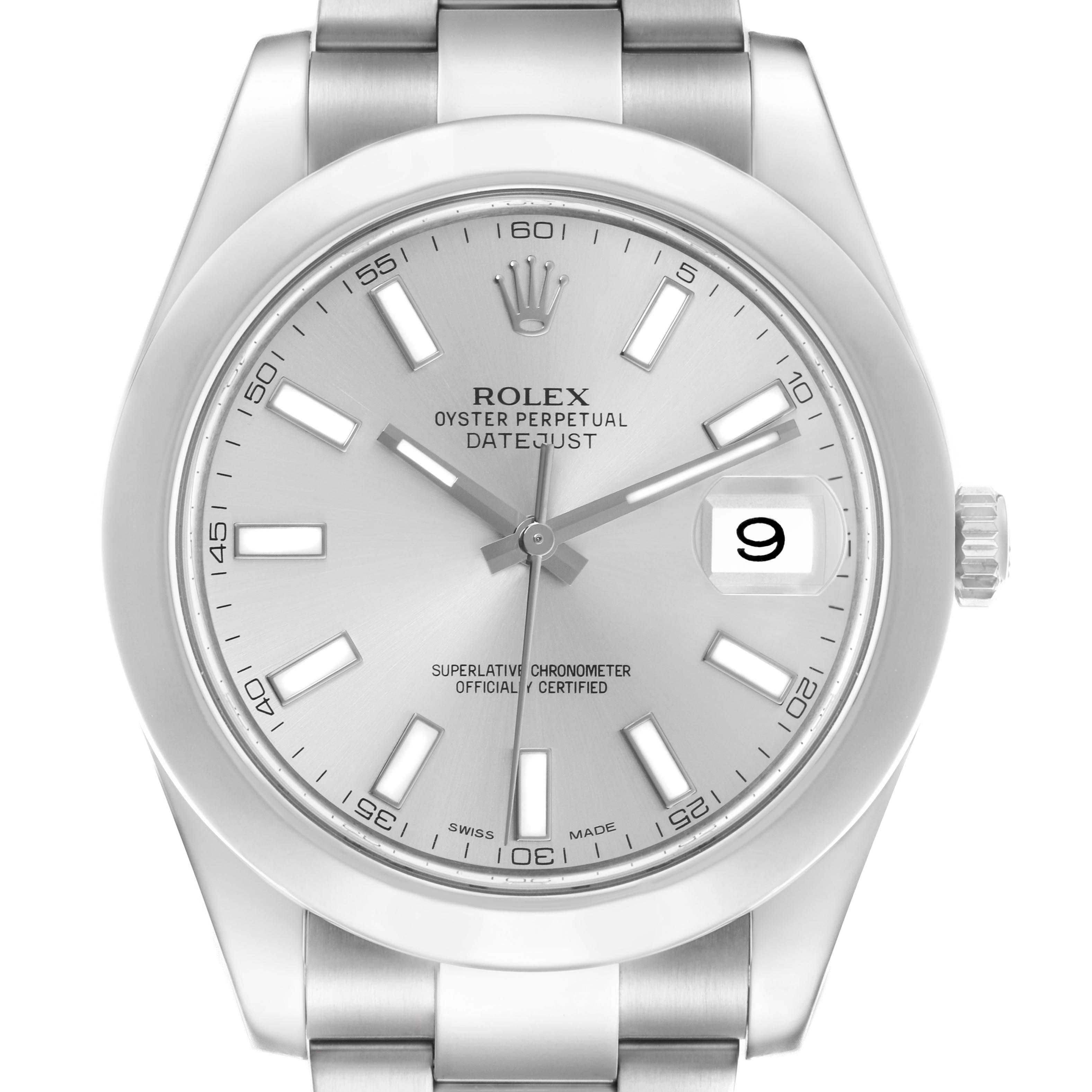 The Rolex Datejust 41 116300 Men's Stainless Steel Silver Dial 116300 Men's Stainless Steel Silver Dial is shown from the front, highlighting the dial, bezel, bracelet, and cyclops lens over the date window.
