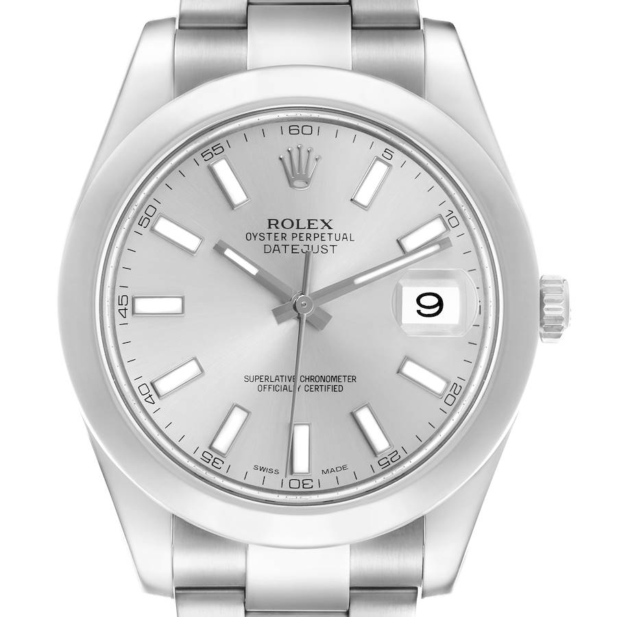 The Rolex Datejust 41 is shown from the front, highlighting the dial, bezel, bracelet, and cyclops lens over the date window.