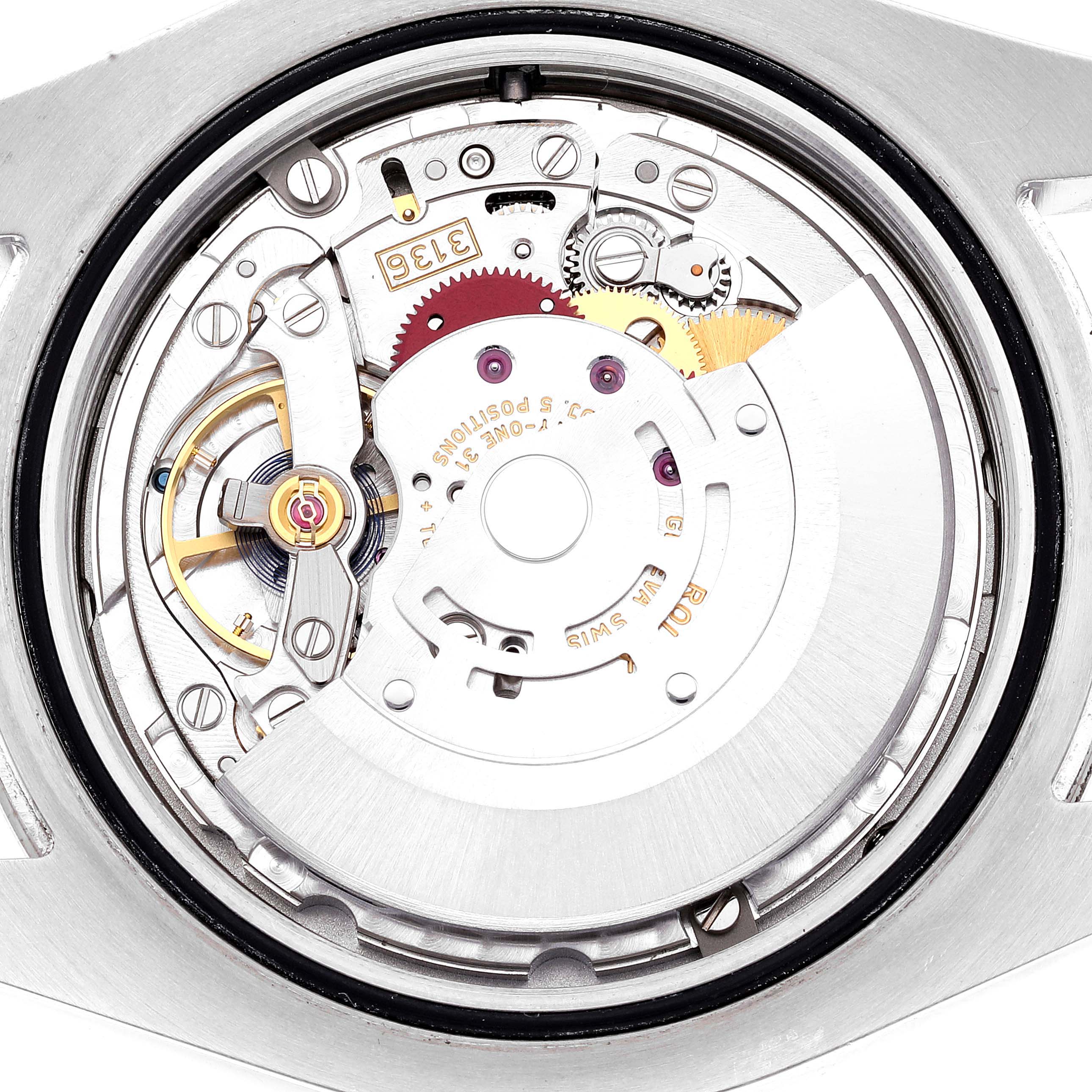 This image shows the internal mechanical movement of the Rolex Datejust 41 116334 Men
s Stainless Steel Blue Dial 116334 Men
s Stainless Steel Blue Dial watch from a back view.