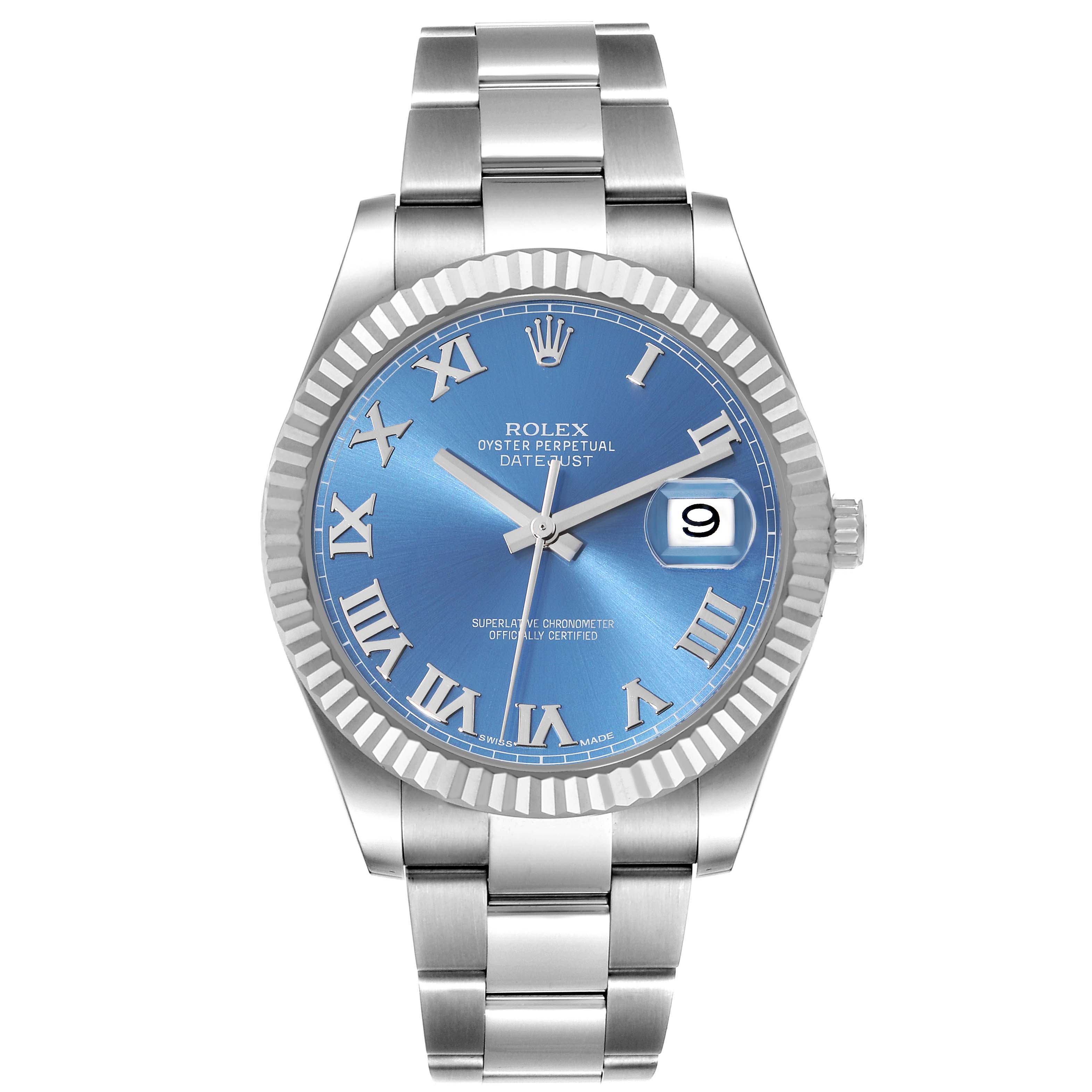 This image shows a front view of the Rolex Datejust 41 116334 Men
s Stainless Steel Blue Dial 116334 Men
s Stainless Steel Blue Dial watch, displaying its blue dial, date window, and stainless steel bracelet.