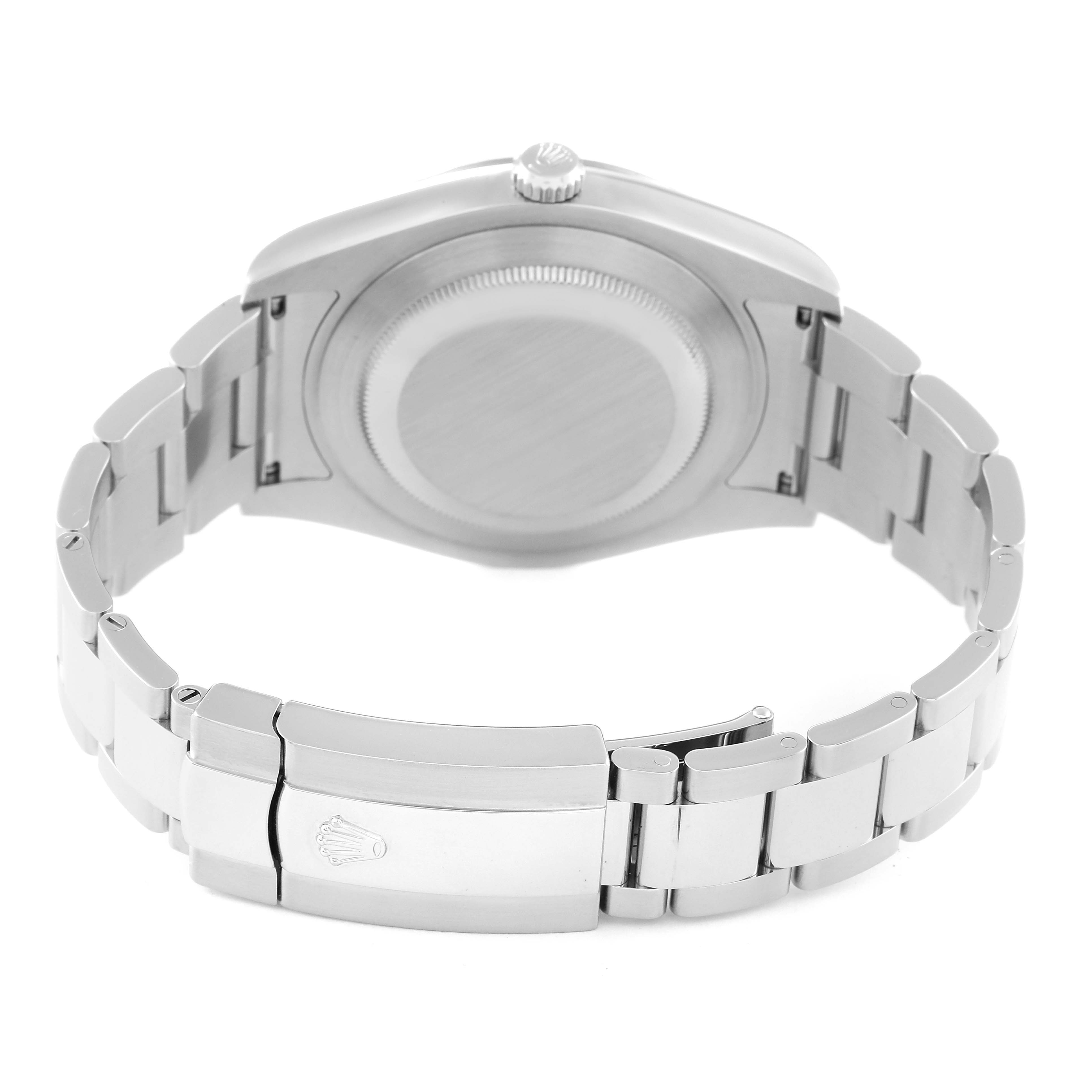 The image shows the backside and bracelet of a Rolex Datejust 41 116334 Men
s Stainless Steel Blue Dial 116334 Men
s Stainless Steel Blue Dial watch in a partially opened position.