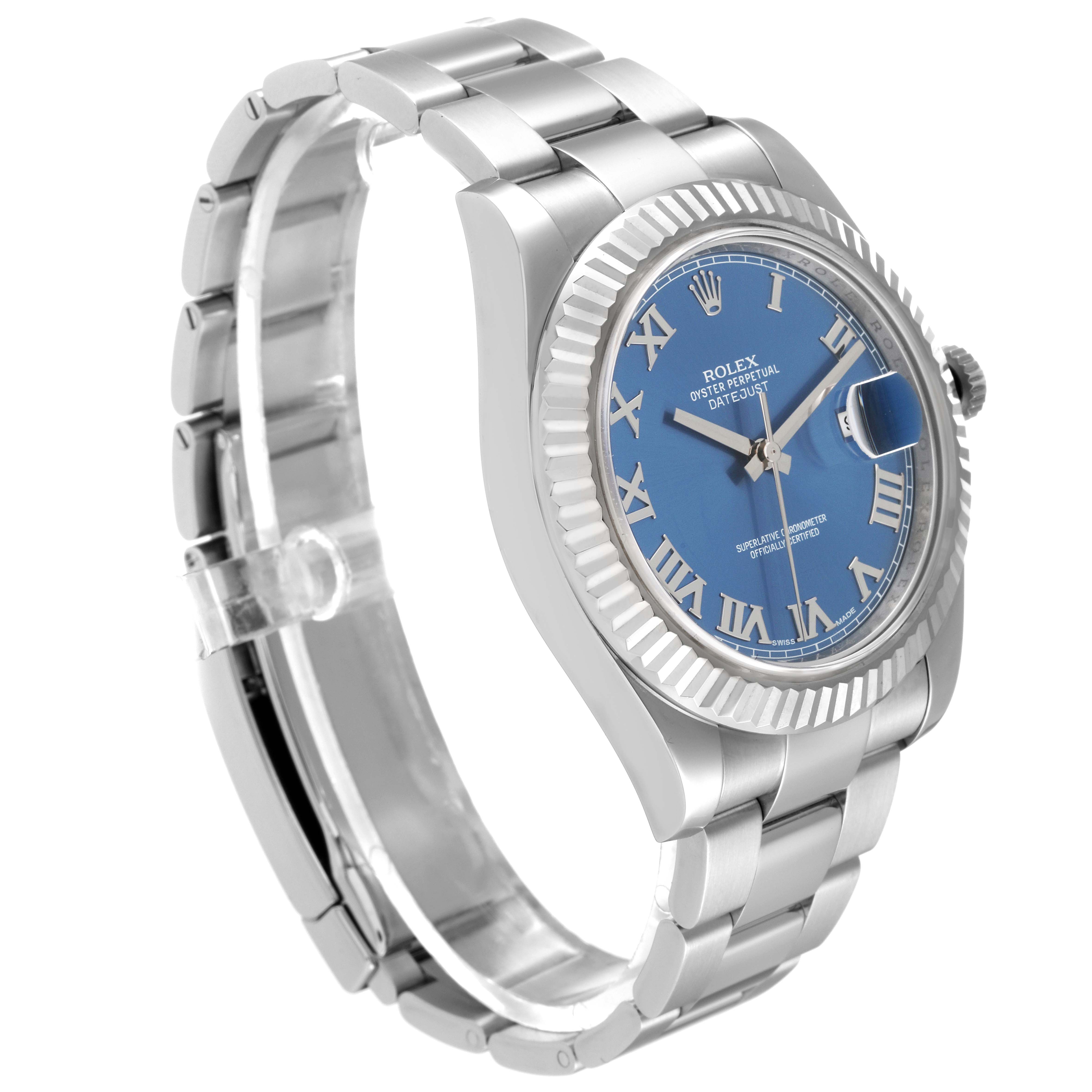 This image shows a side and front angle of the Rolex Datejust 41 116334 Men
s Stainless Steel Blue Dial 116334 Men
s Stainless Steel Blue Dial watch, highlighting the blue dial, bezel, and bracelet.