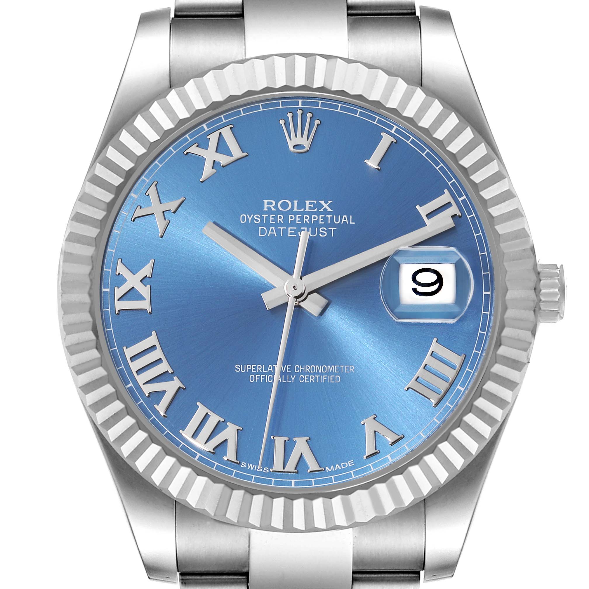 The Rolex Datejust 41 116334 Men
s Stainless Steel Blue Dial 116334 Men
s Stainless Steel Blue Dial watch is shown from a front angle, highlighting its blue dial, Roman numerals, date display, and fluted bezel.