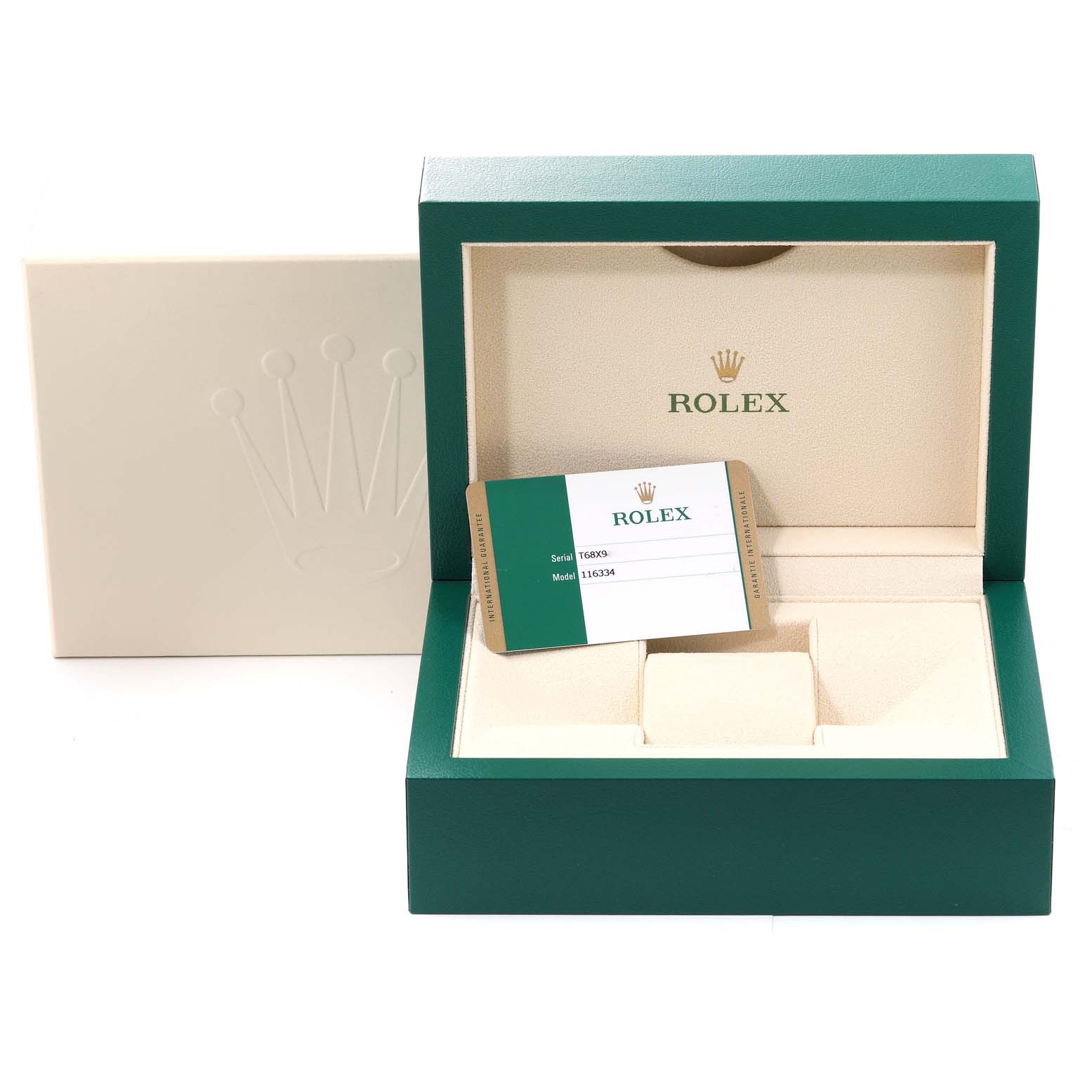 The image shows a Rolex Datejust 41 116334 Men
s Stainless Steel Blue Dial 116334 Men
s Stainless Steel Blue Dial watch box and warranty card, taken from a front angle.