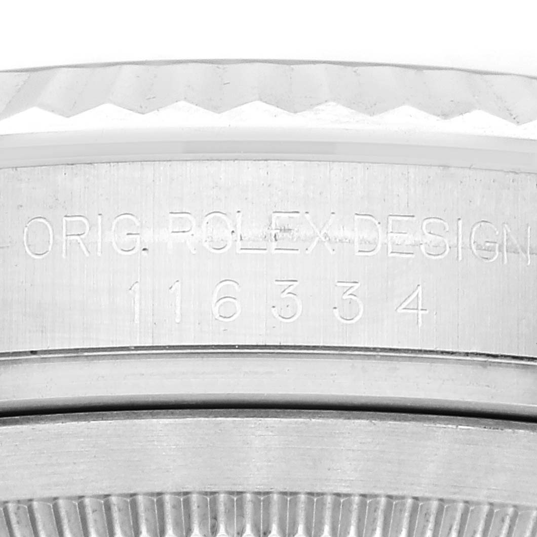 This image shows a close-up of the case back and model number engraving on a Rolex Datejust 41 116334 Men
s Stainless Steel Blue Dial 116334 Men
s Stainless Steel Blue Dial watch.