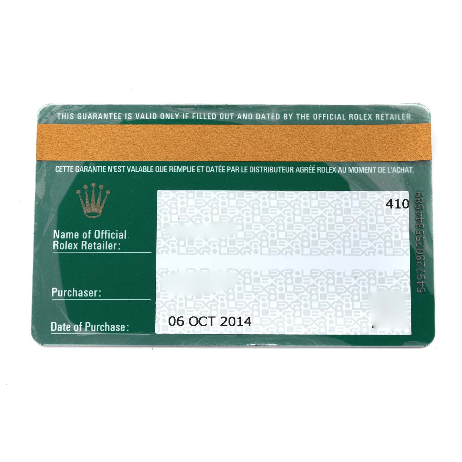 The image shows the warranty card for a Rolex Datejust 41 116334 Men
s Stainless Steel Blue Dial 116334 Men
s Stainless Steel Blue Dial model, featuring purchase details and official retailer information.