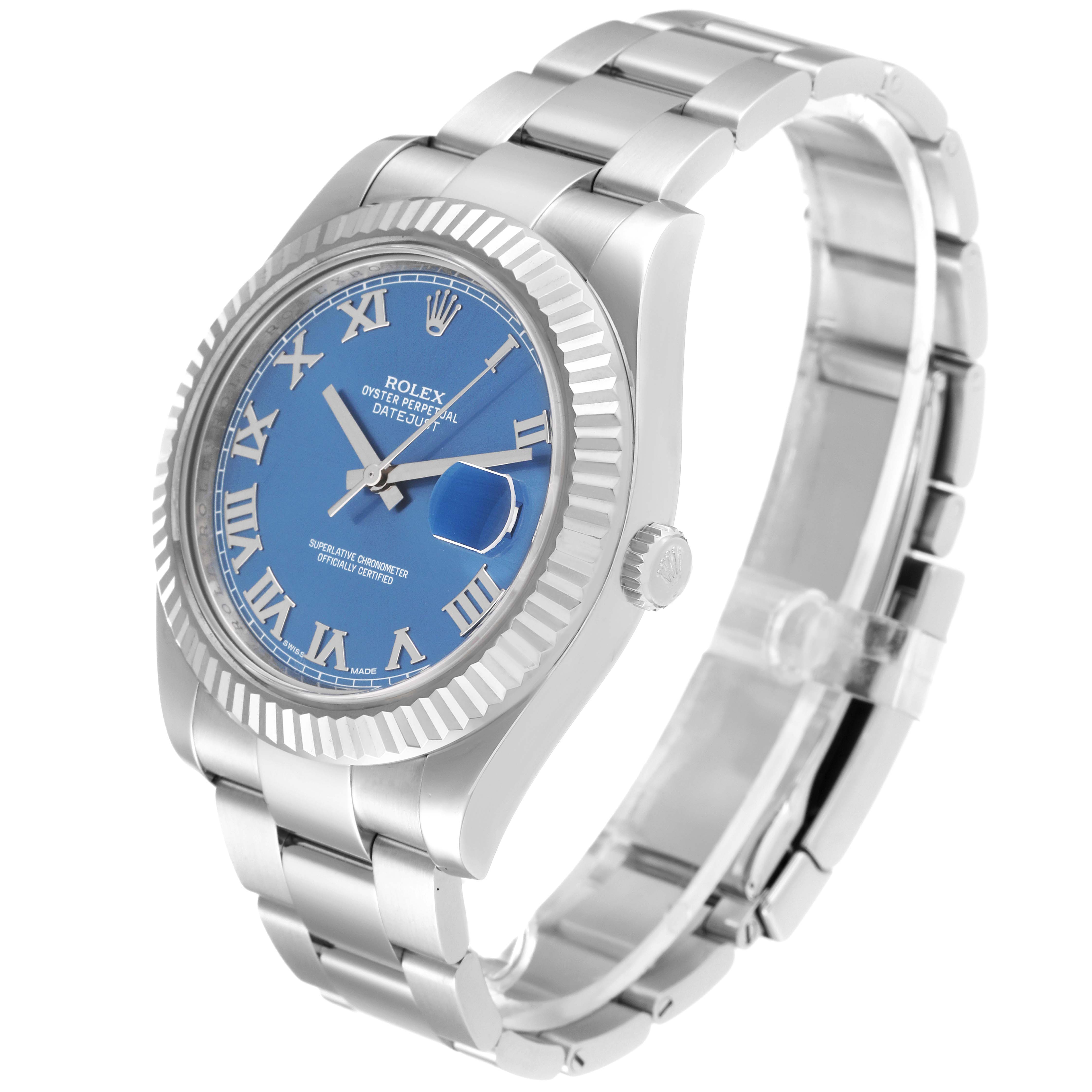 The Rolex Datejust 41 116334 Men
s Stainless Steel Blue Dial 116334 Men
s Stainless Steel Blue Dial watch is shown at a slight angle, revealing the dial, crown, bezel, and bracelet.