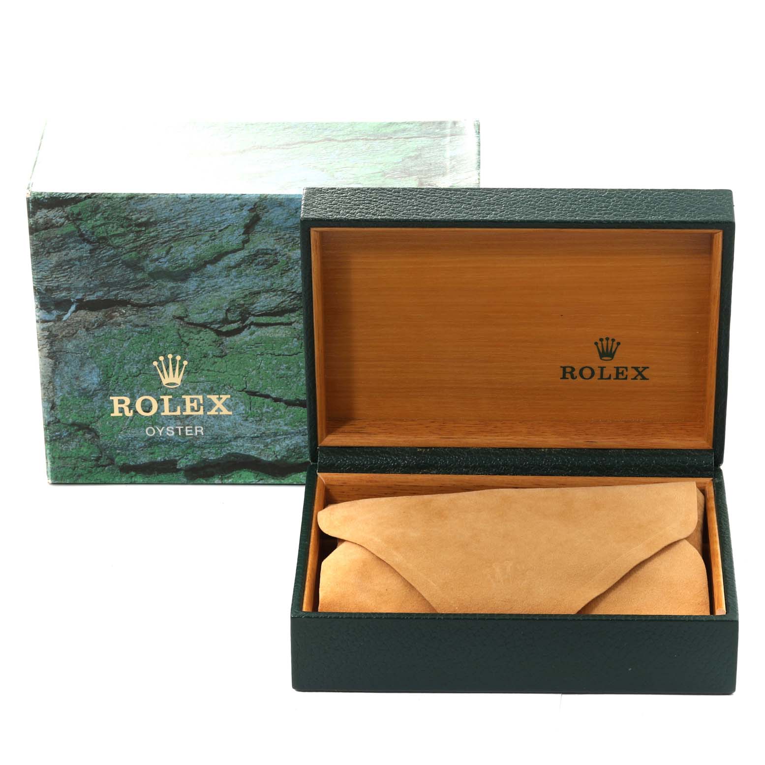 The image shows a Rolex Datejust 16234 Men's Stainless Steel Silver Dial 16234 Men's Stainless Steel Silver Dial watch box, including an outer green box and an open inner wooden box.