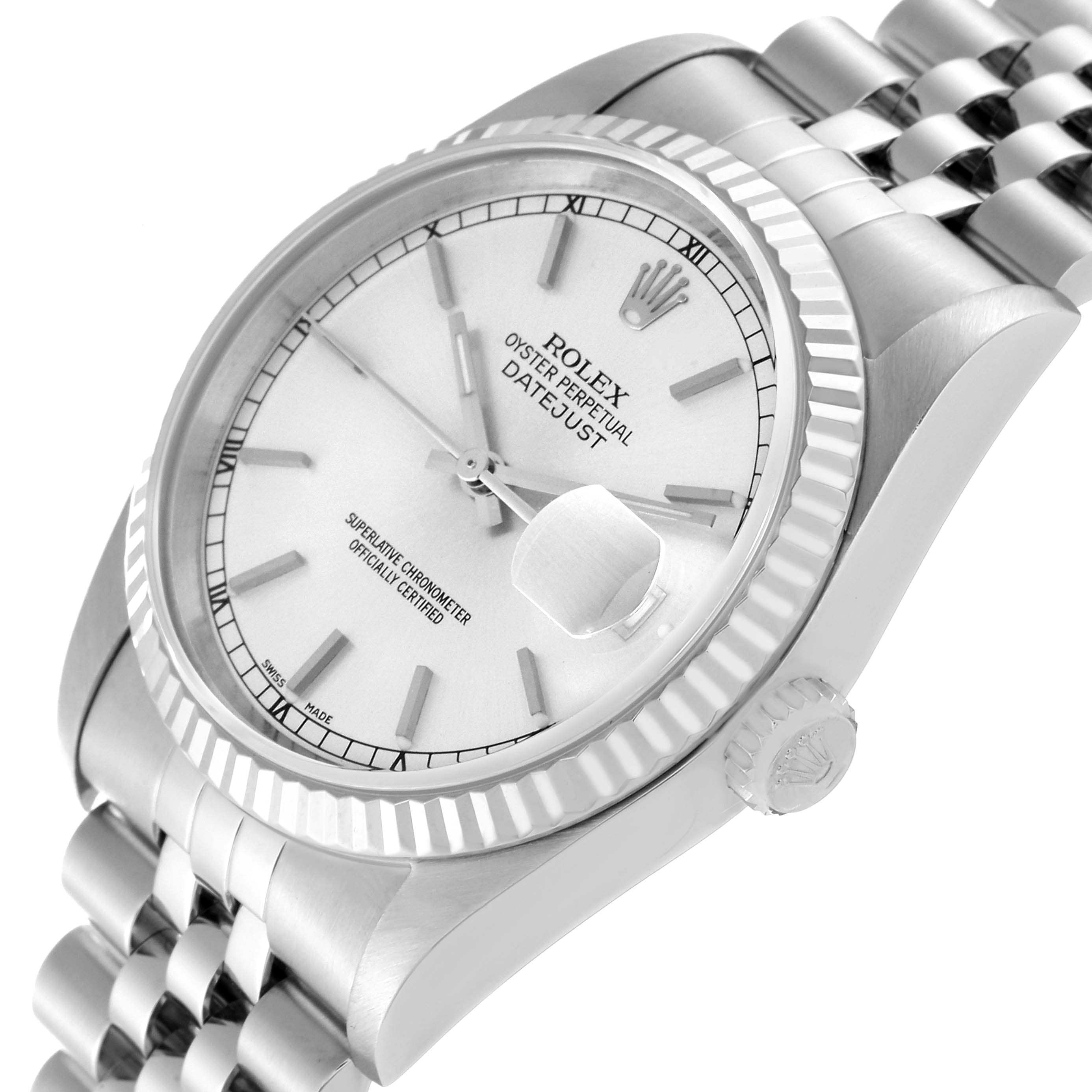 The image shows a close-up angle of a Rolex Datejust 16234 Men's Stainless Steel Silver Dial 16234 Men's Stainless Steel Silver Dial watch displaying its dial, bezel, crown, and part of the bracelet.