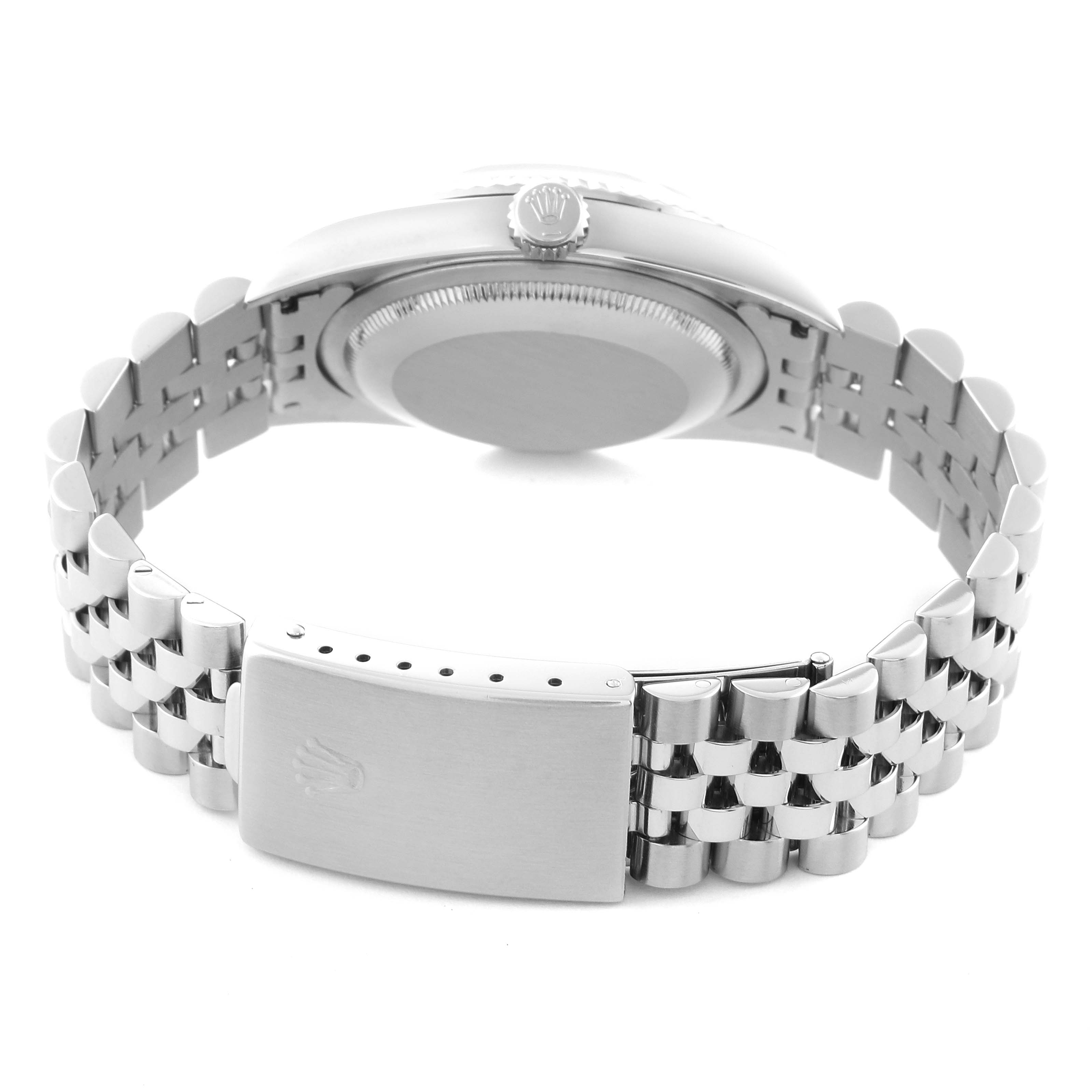 The image shows the backside of the Rolex Datejust 16234 Men's Stainless Steel Silver Dial 16234 Men's Stainless Steel Silver Dial watch, focusing on the closed clasp and bracelet.