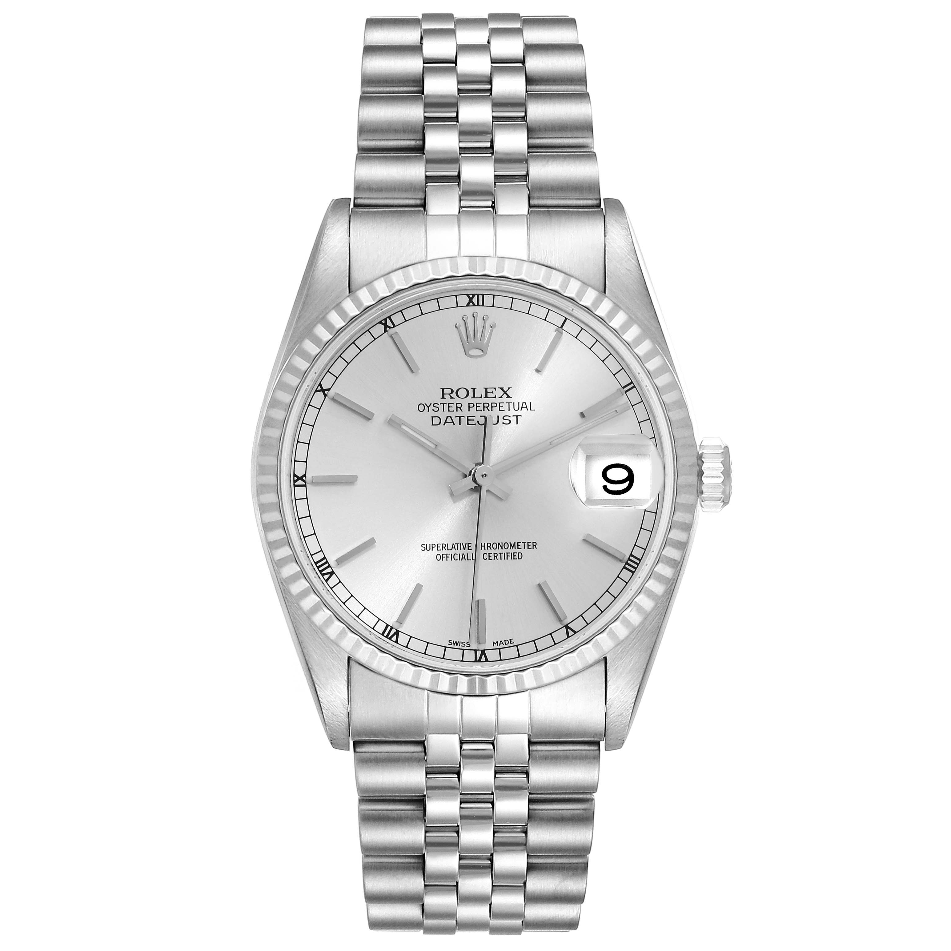 The image shows a front view of a Rolex Datejust 16234 Men's Stainless Steel Silver Dial 16234 Men's Stainless Steel Silver Dial watch, highlighting its dial, hands, date window, bezel, and bracelet.