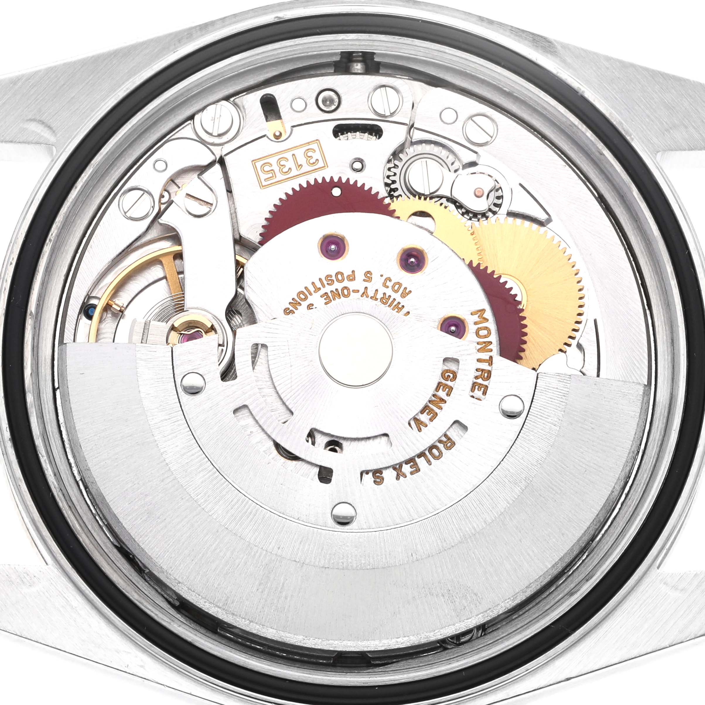 This image shows an internal view of the Rolex Datejust 16234 Men's Stainless Steel Silver Dial 16234 Men's Stainless Steel Silver Dial movement, detailing gears and mechanical components.
