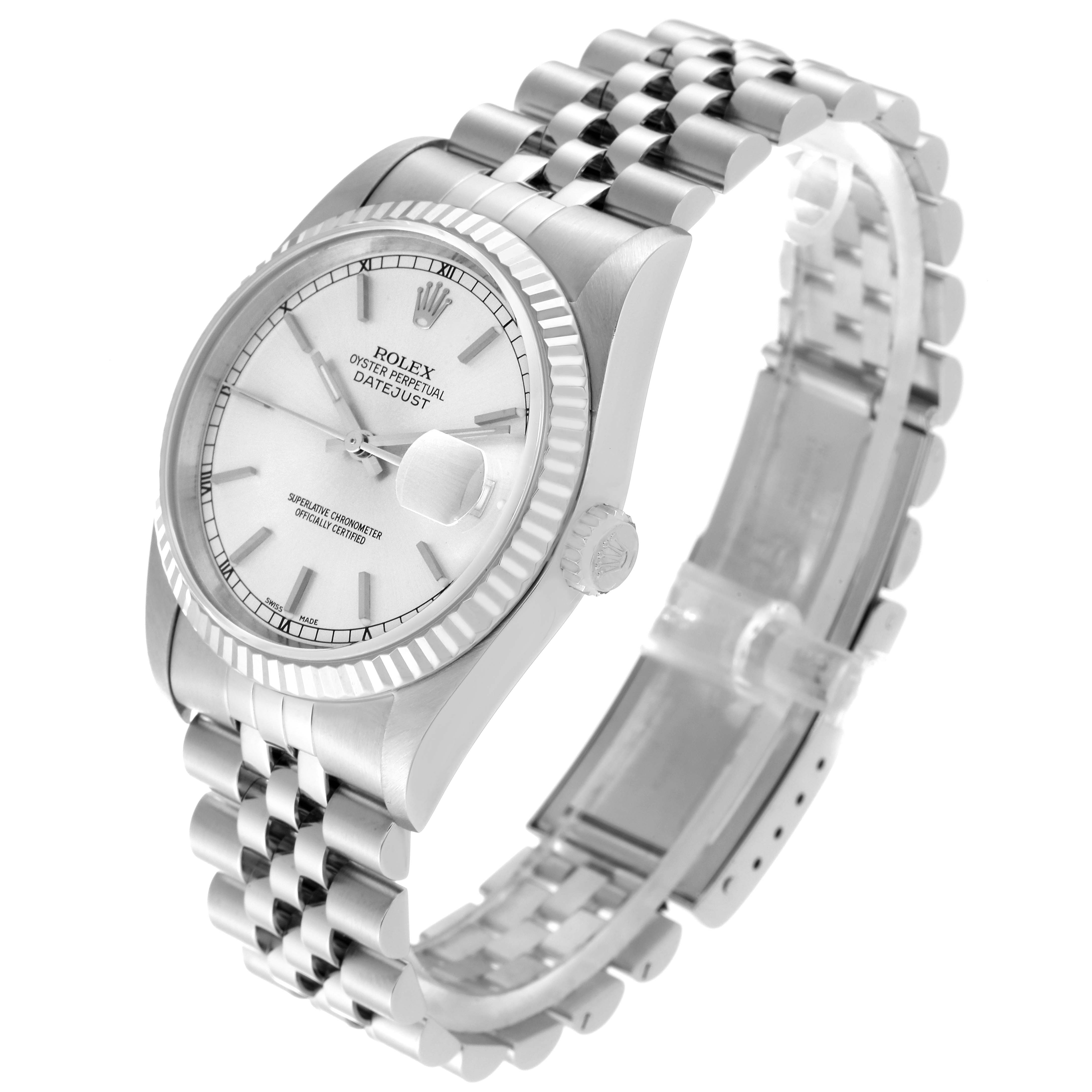 The image shows a Rolex Datejust 16234 Men's Stainless Steel Silver Dial 16234 Men's Stainless Steel Silver Dial watch at a three-quarter angle, highlighting its face, fluted bezel, crown, and Jubilee bracelet.