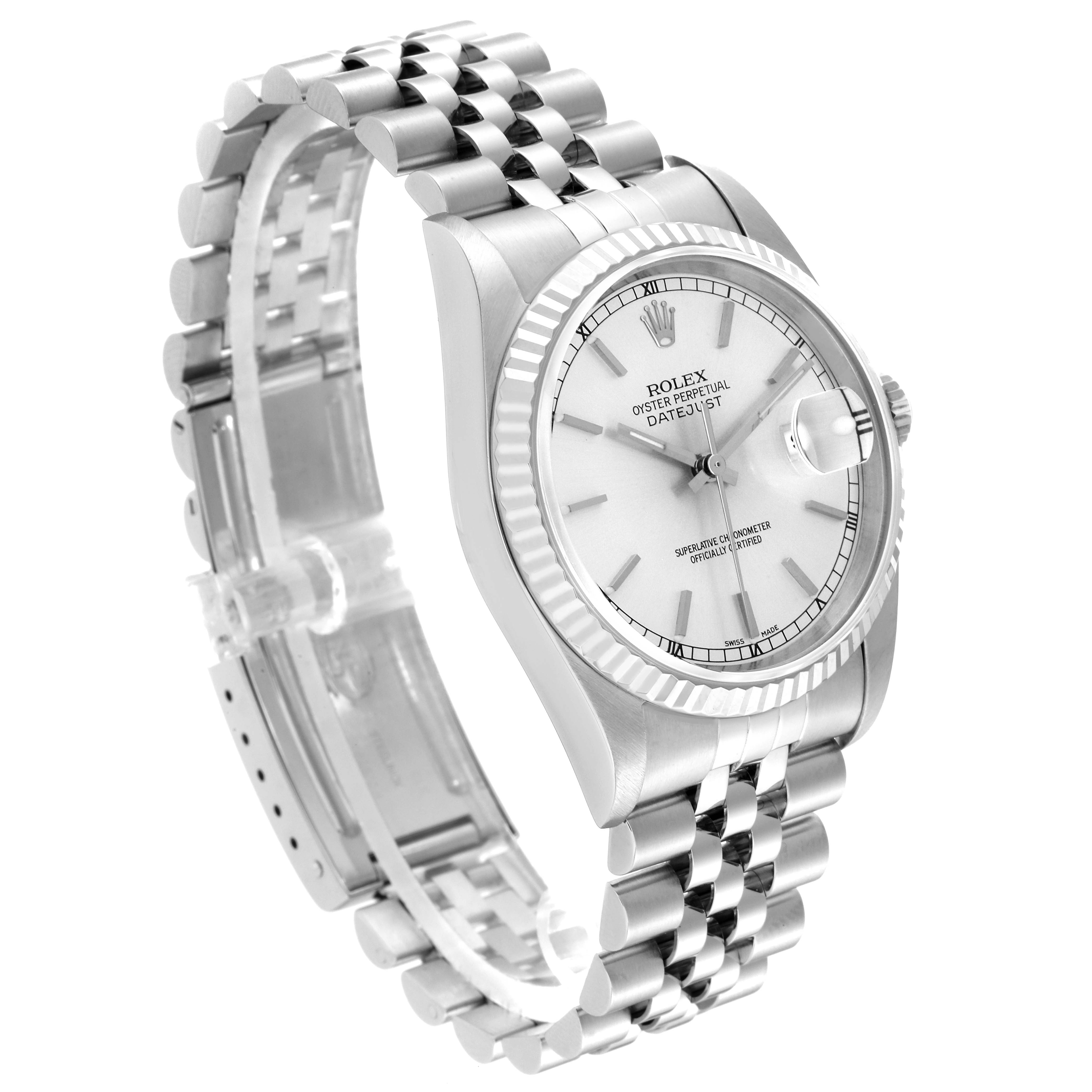 The image shows a Rolex Datejust 16234 Men's Stainless Steel Silver Dial 16234 Men's Stainless Steel Silver Dial watch from a side angle, highlighting its silver bracelet, fluted bezel, and white dial.