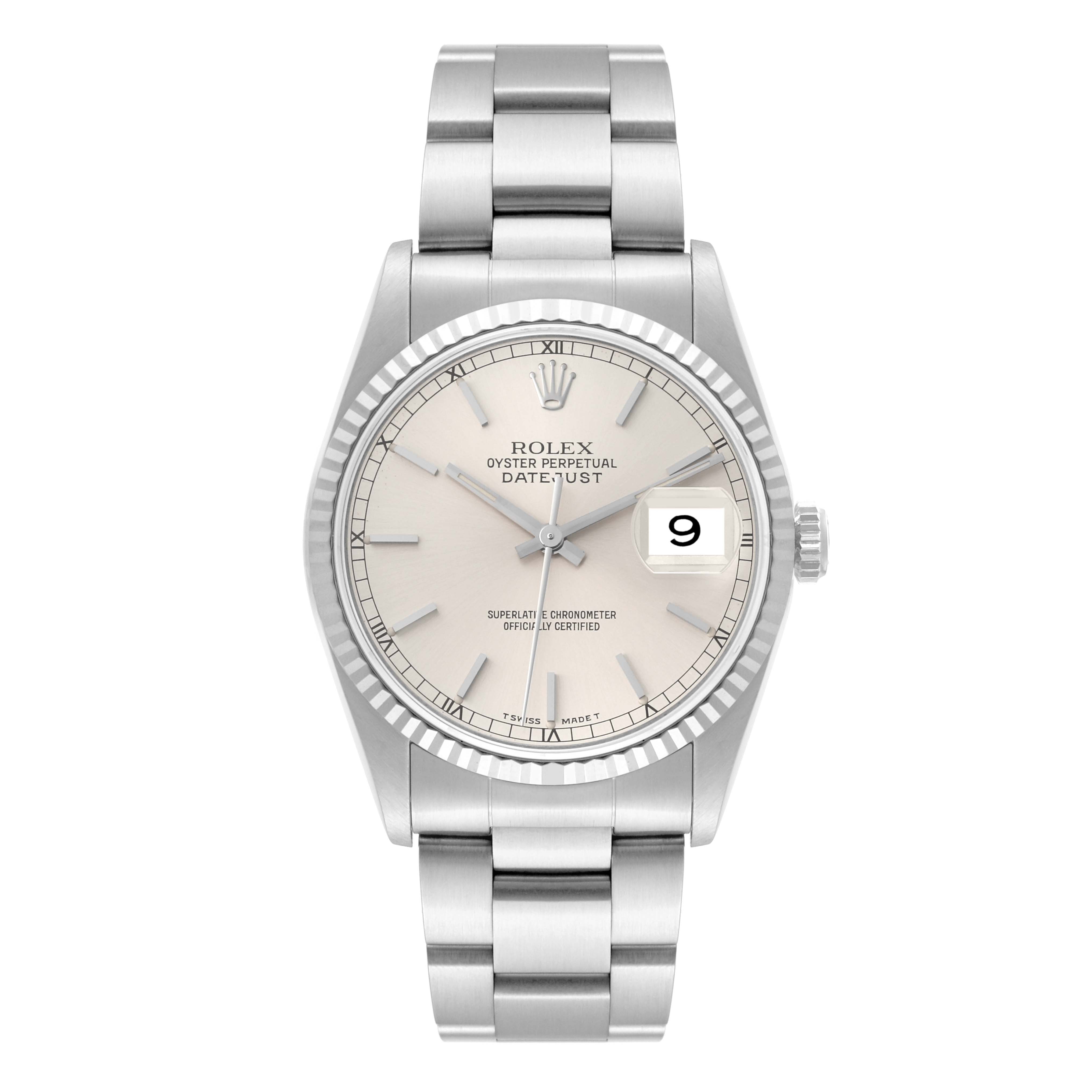 This is a front view of a Rolex Datejust 16234 Men's Stainless Steel Silver Dial 16234 Men's Stainless Steel Silver Dial watch displaying its bracelet, dial, hands, and date window.