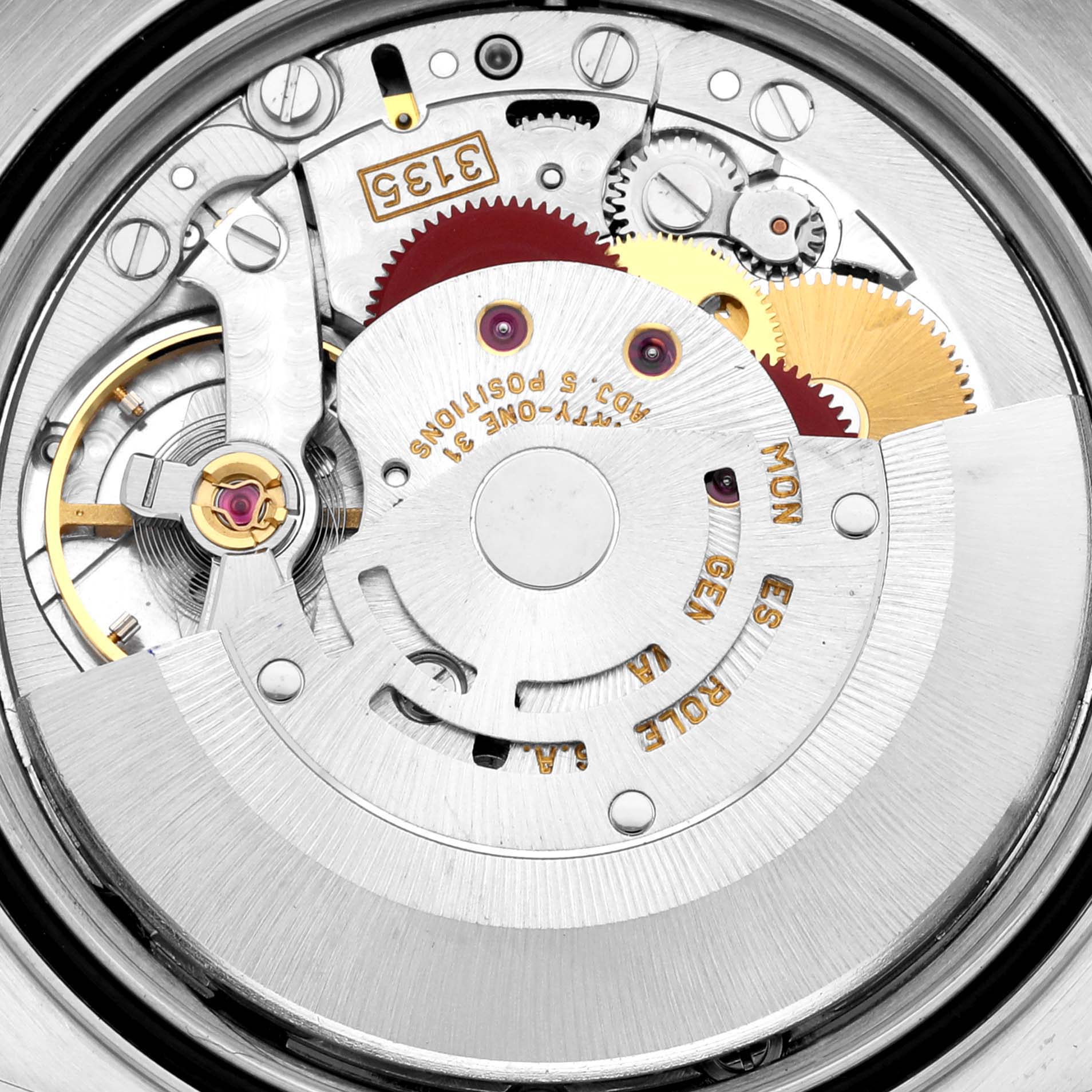 This image shows the movement mechanism of the Rolex Datejust 16234 Men's Stainless Steel Silver Dial 16234 Men's Stainless Steel Silver Dial watch, displaying gears and intricate inner workings.