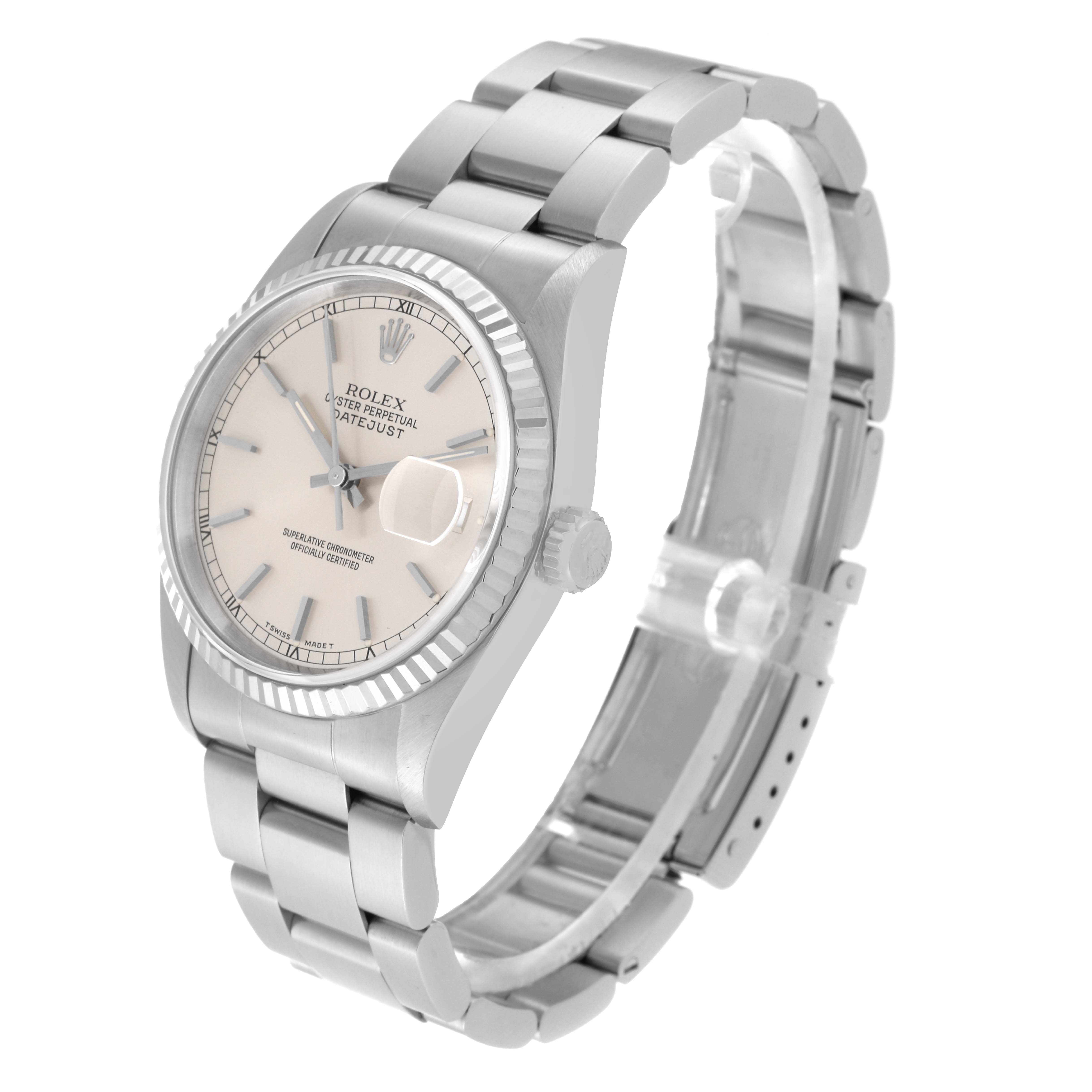 The image shows a Rolex Datejust 16234 Men's Stainless Steel Silver Dial 16234 Men's Stainless Steel Silver Dial watch, angled to display the face, bezel, crown, and bracelet.