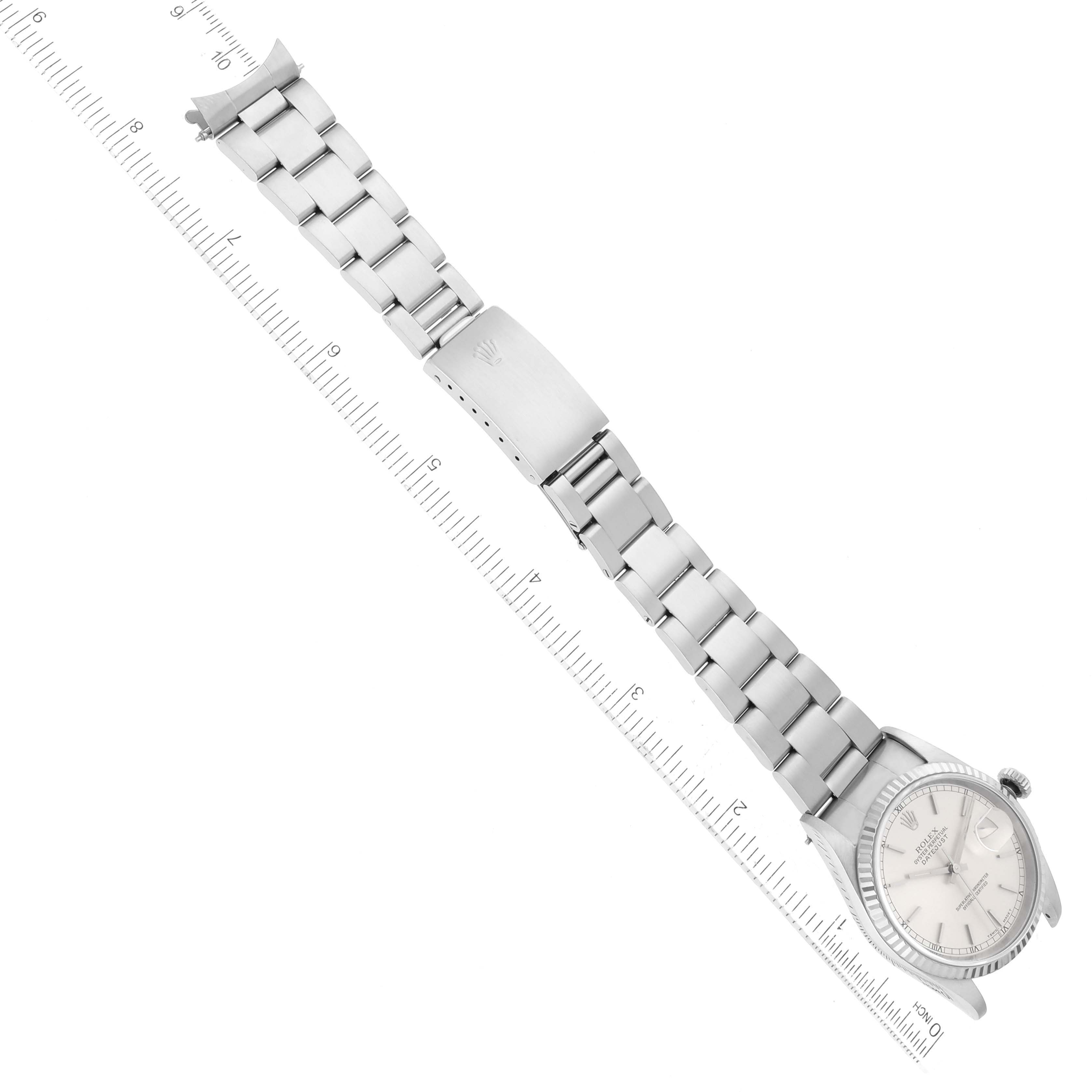 The image shows a Rolex Datejust 16234 Men's Stainless Steel Silver Dial 16234 Men's Stainless Steel Silver Dial watch laid flat, displaying the watch face, bracelet, and clasp at an angle.