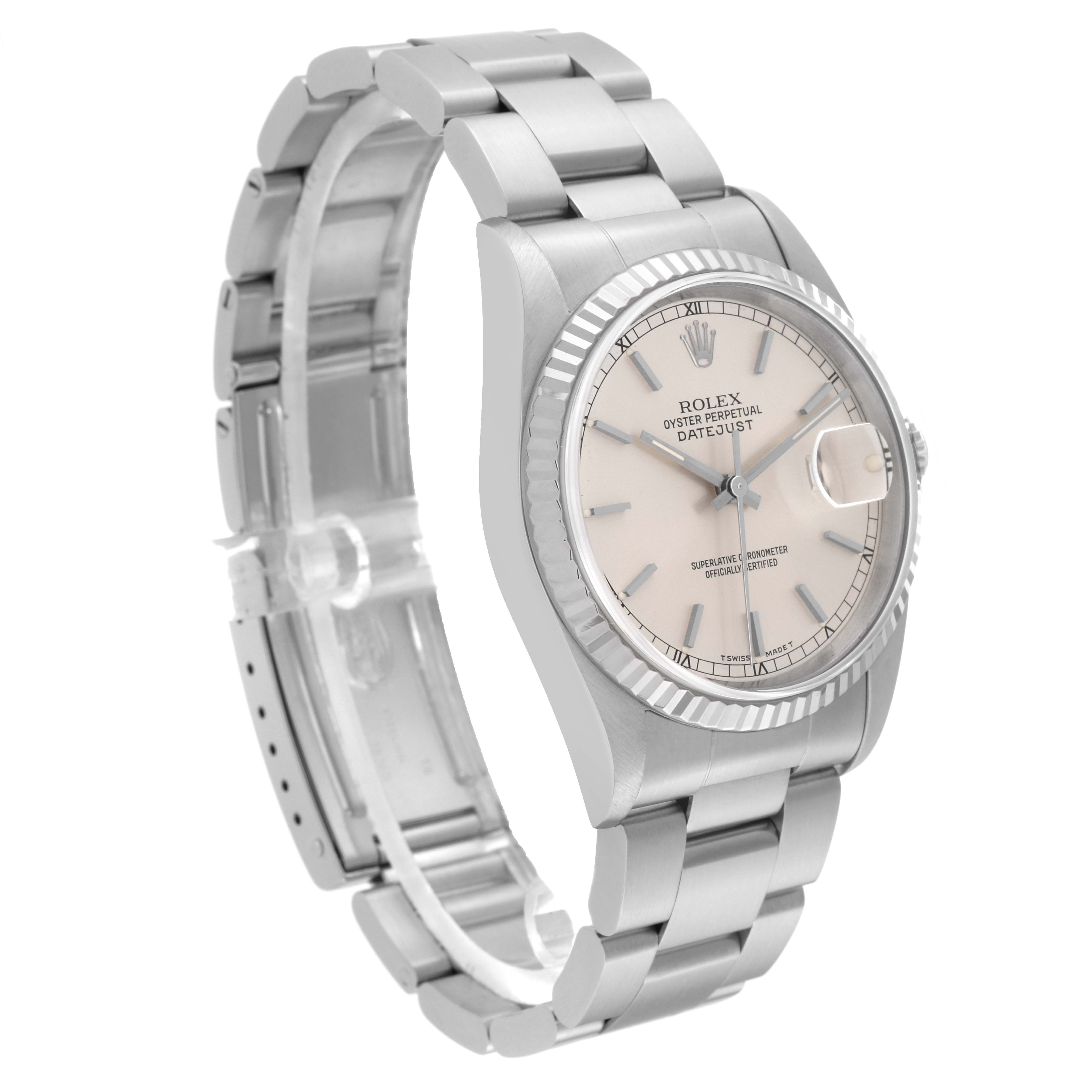 The image shows a Rolex Datejust 16234 Men's Stainless Steel Silver Dial 16234 Men's Stainless Steel Silver Dial watch at a three-quarter angle, displaying the bracelet, dial, and case.