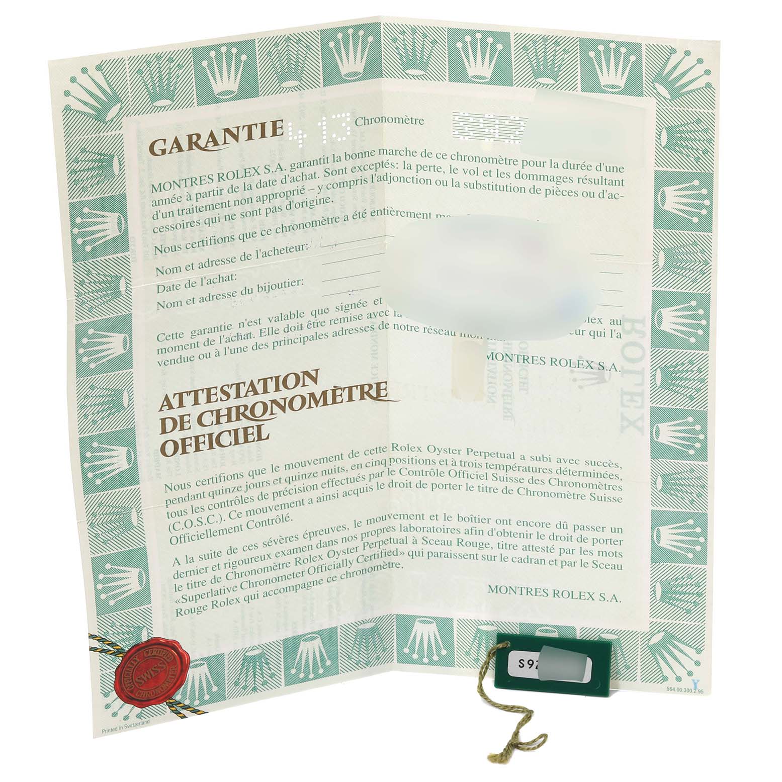 This image shows the warranty certificate and official chronometer certification for the Rolex Datejust 16234 Men's Stainless Steel Silver Dial 16234 Men's Stainless Steel Silver Dial model.