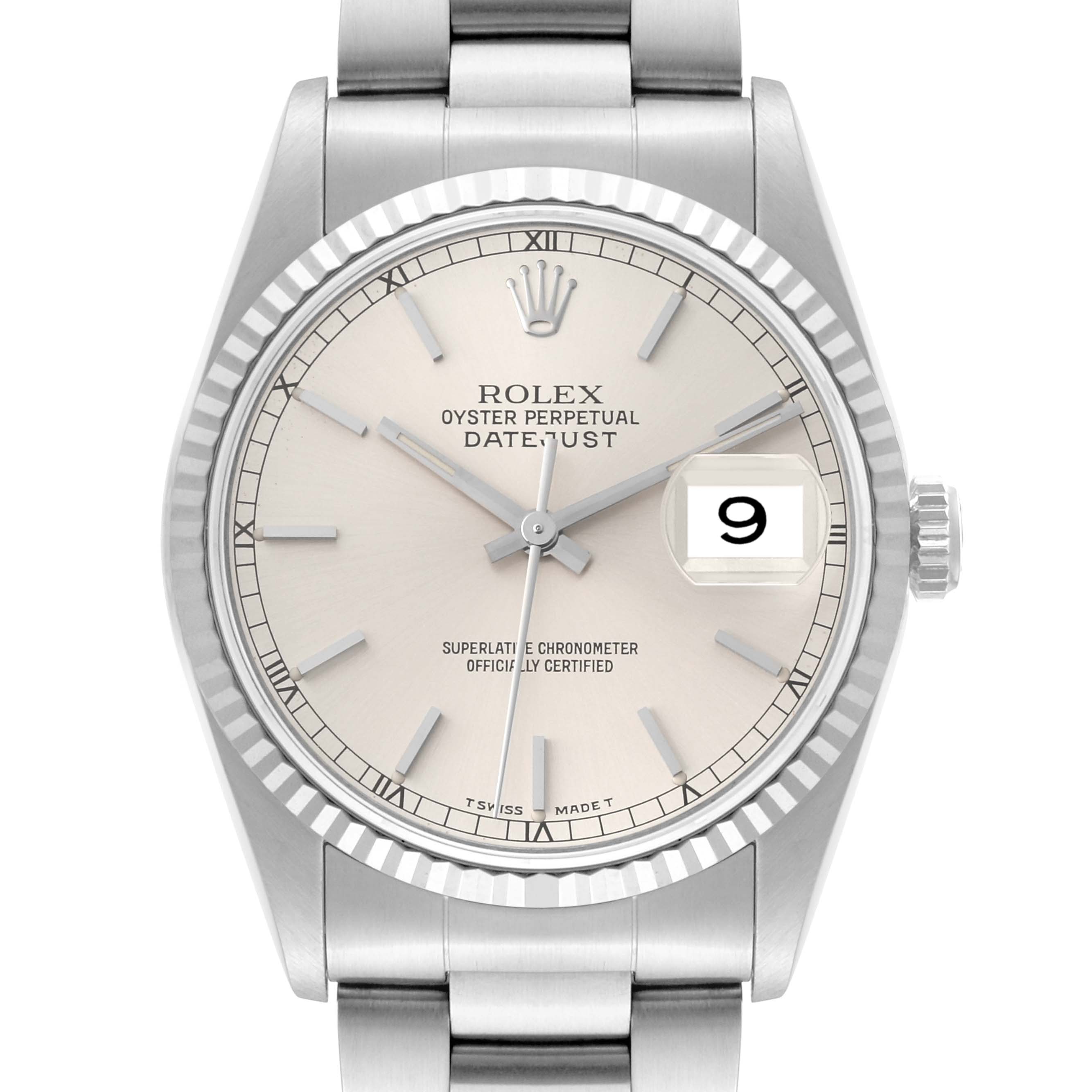 The image shows a front view of the Rolex Datejust 16234 Men's Stainless Steel Silver Dial 16234 Men's Stainless Steel Silver Dial watch displaying the face, bezel, bracelet, and crown.