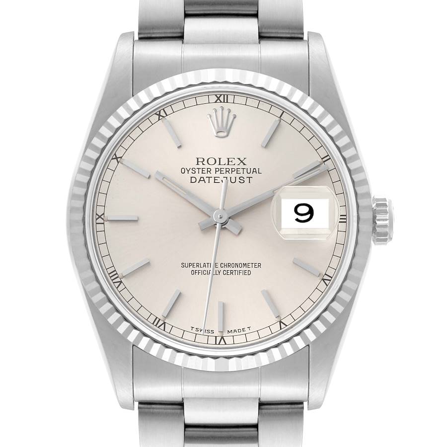 Rolex Datejust Silver Dial Steel White Gold Mens Watch 16234 Box Papers SwissWatchExpo