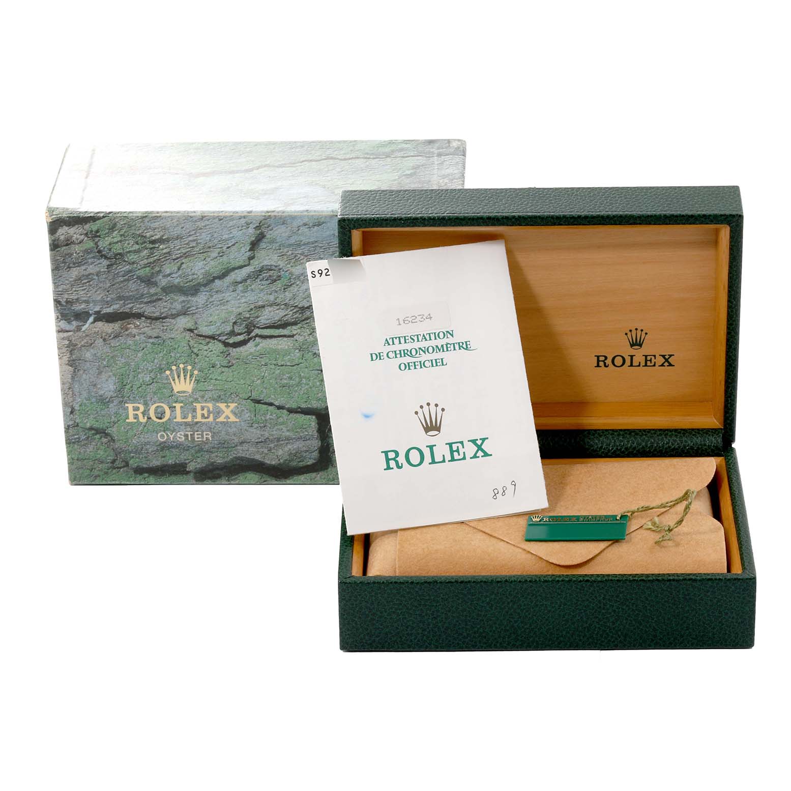 The image shows the packaging, warranty booklet, and tag for a Rolex Datejust 16234 Men's Stainless Steel Silver Dial 16234 Men's Stainless Steel Silver Dial watch.