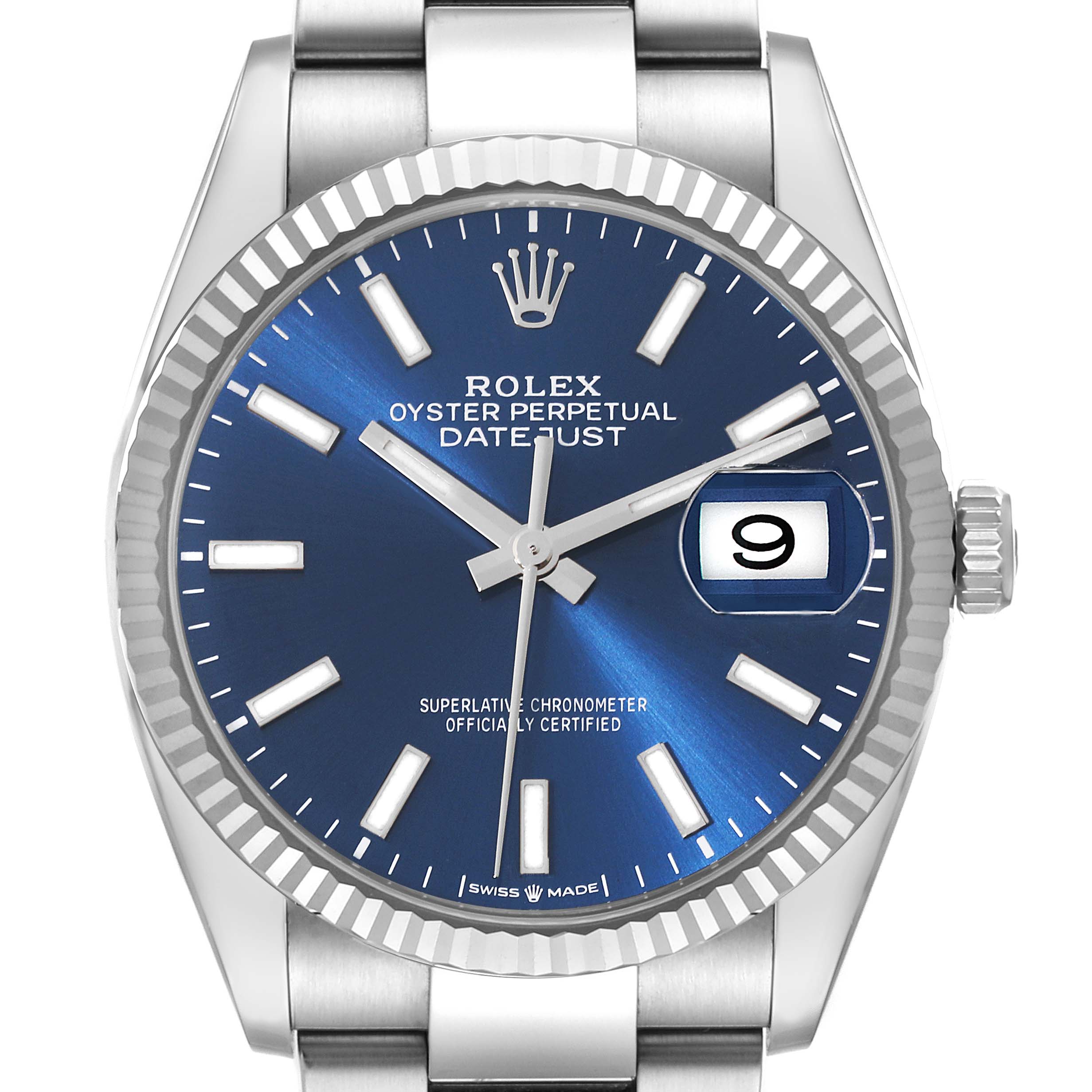 This image shows a front view of a Rolex Datejust 126234 Men's Stainless Steel Blue Dial 126234 Men's Stainless Steel Blue Dial watch with a blue dial, date window, and fluted bezel.