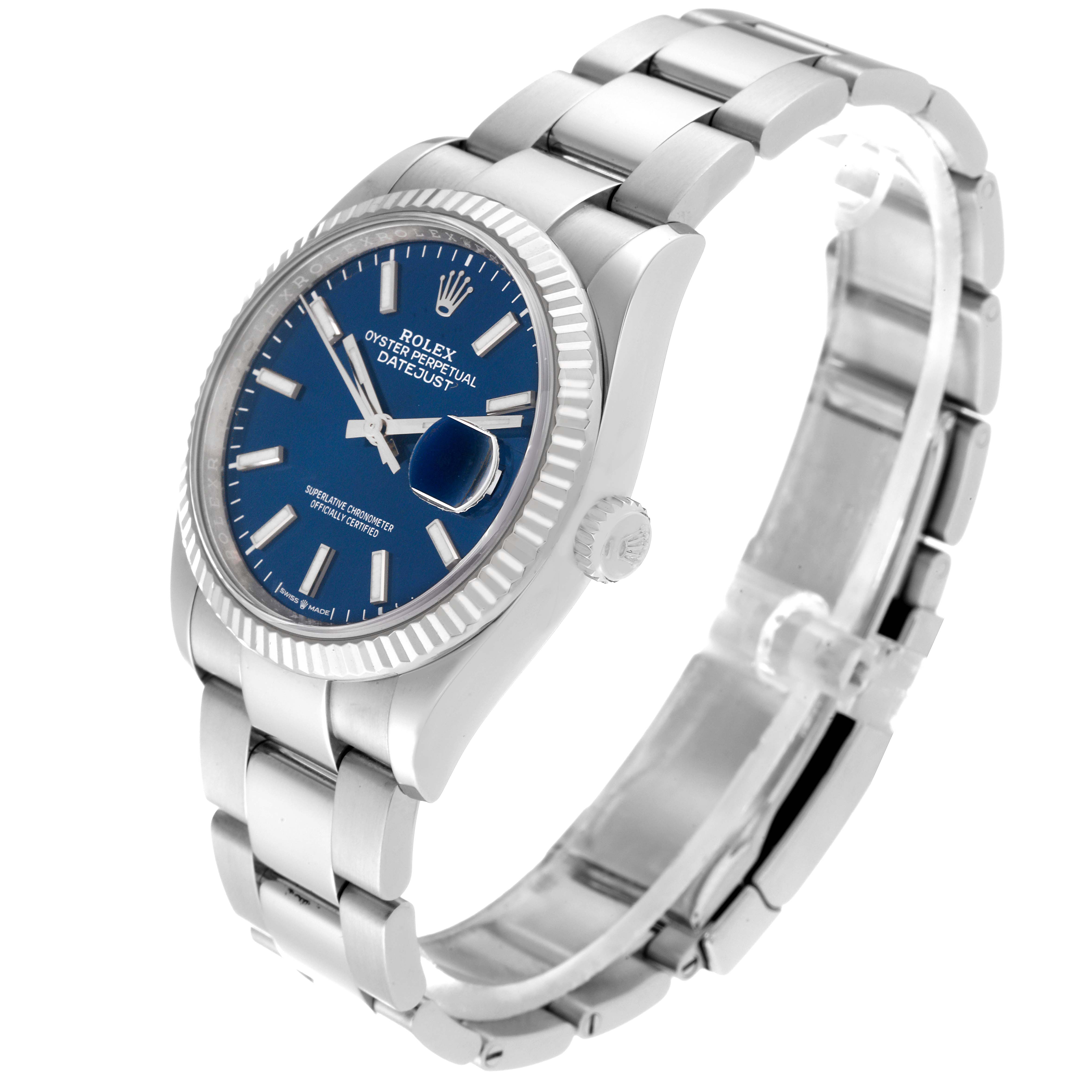This image shows a Rolex Datejust 126234 Men's Stainless Steel Blue Dial 126234 Men's Stainless Steel Blue Dial watch at an angle displaying its face, crown, and bracelet.