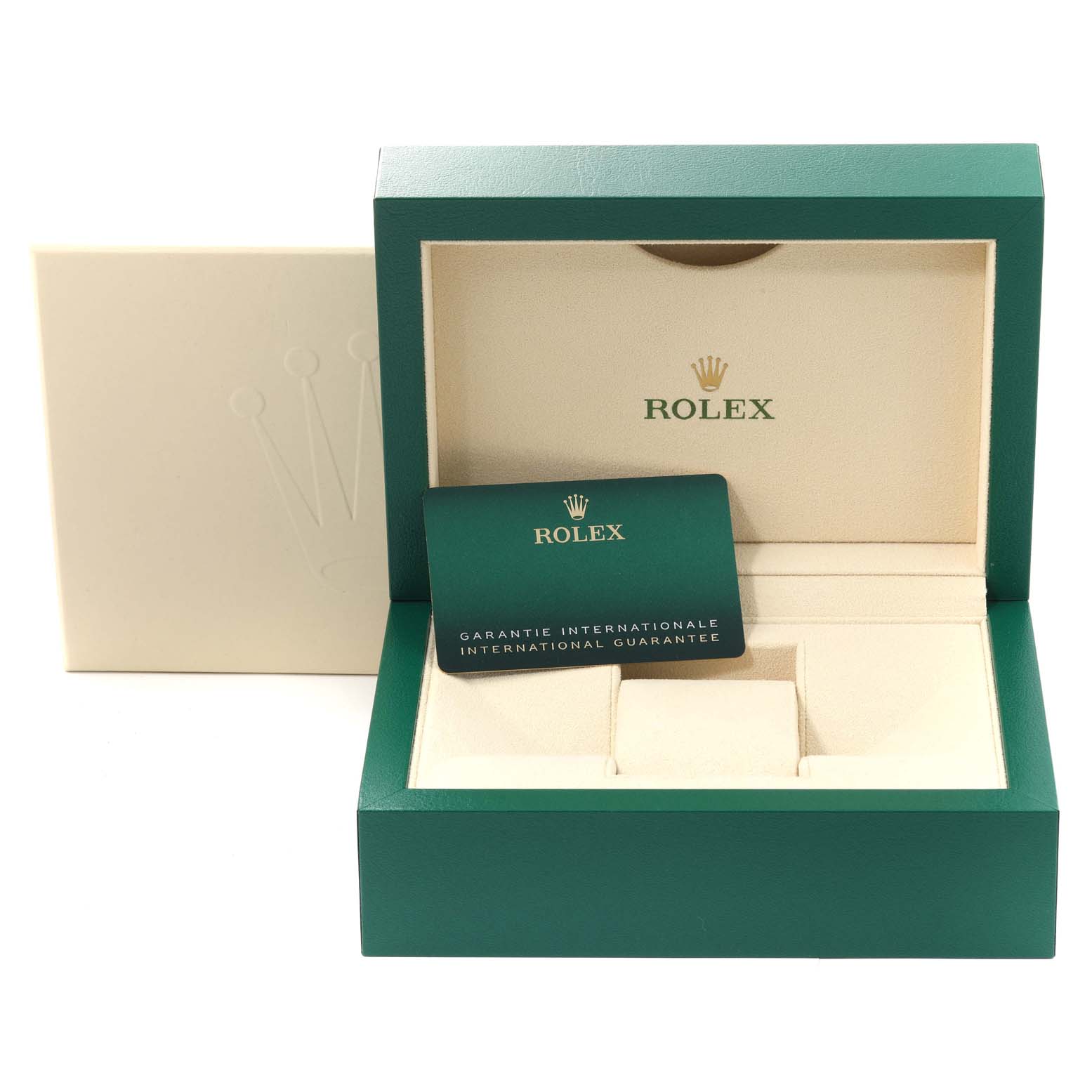 The image shows an open Rolex Datejust 126234 Men's Stainless Steel Blue Dial 126234 Men's Stainless Steel Blue Dial watch box with an international guarantee card inside.