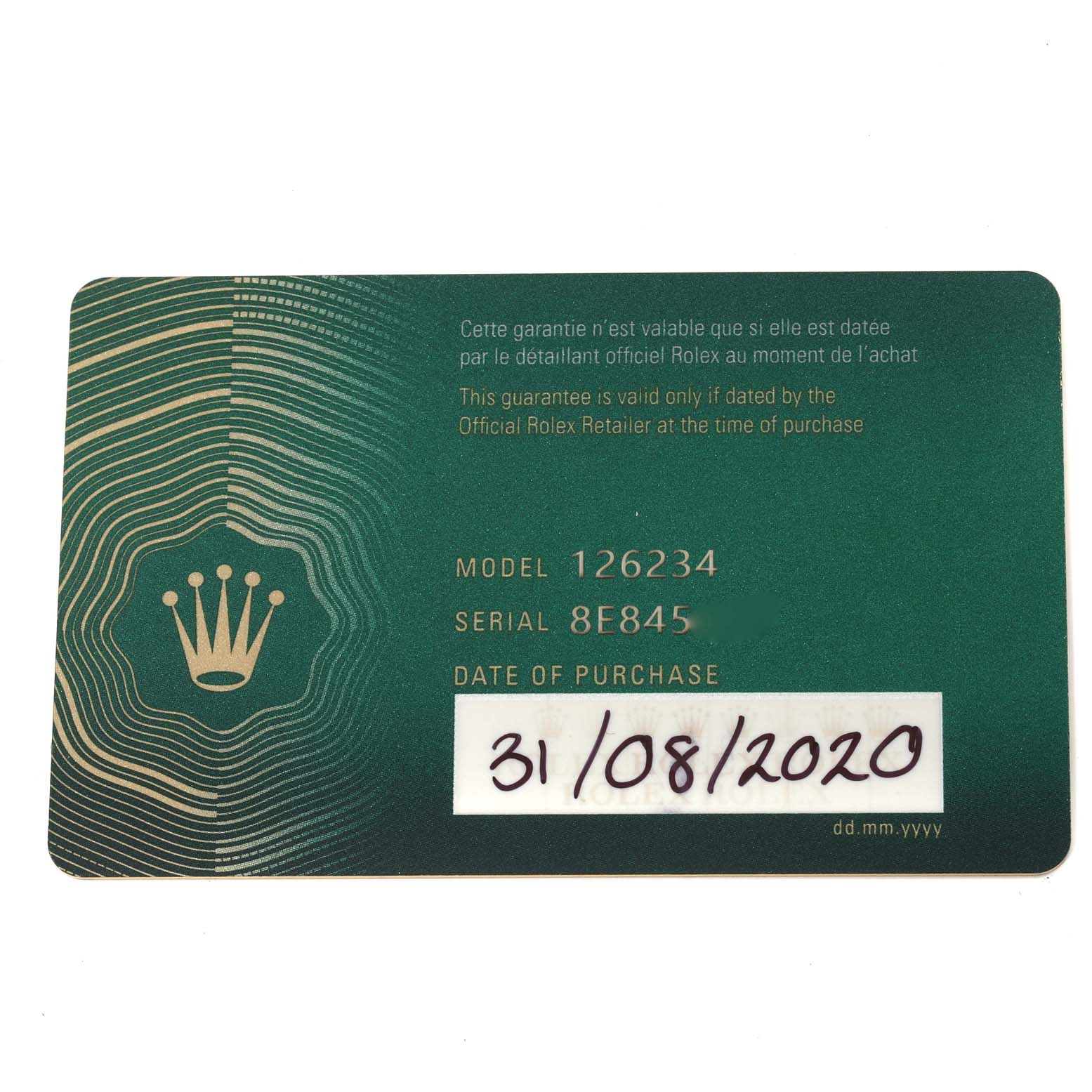 This image shows the warranty card for a Rolex Datejust 126234 Men's Stainless Steel Blue Dial 126234 Men's Stainless Steel Blue Dial model 126234, with the purchase date 31/08/2020.