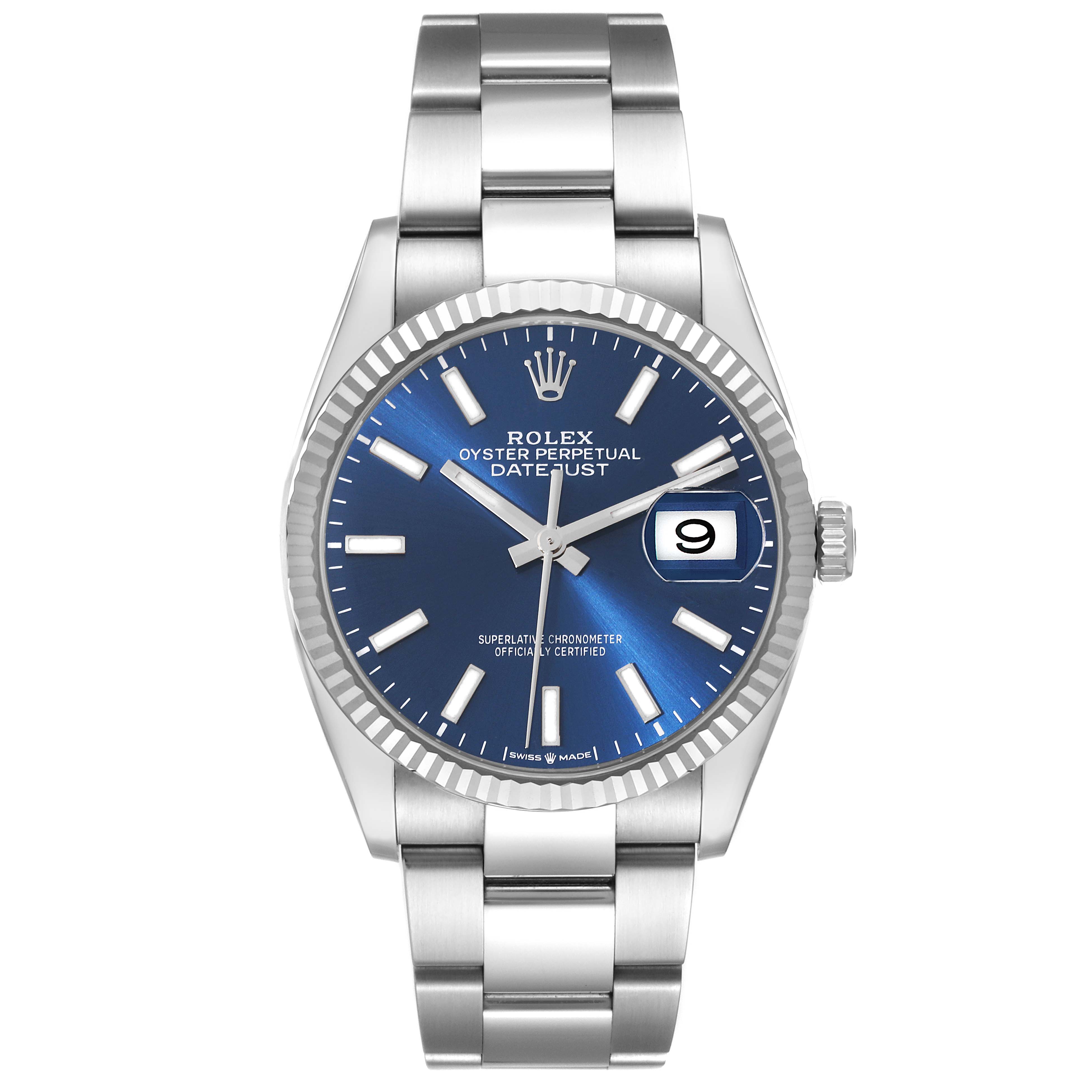 This image shows a front view of a Rolex Datejust 126234 Men's Stainless Steel Blue Dial 126234 Men's Stainless Steel Blue Dial model, highlighting its blue dial, fluted bezel, and metal bracelet.