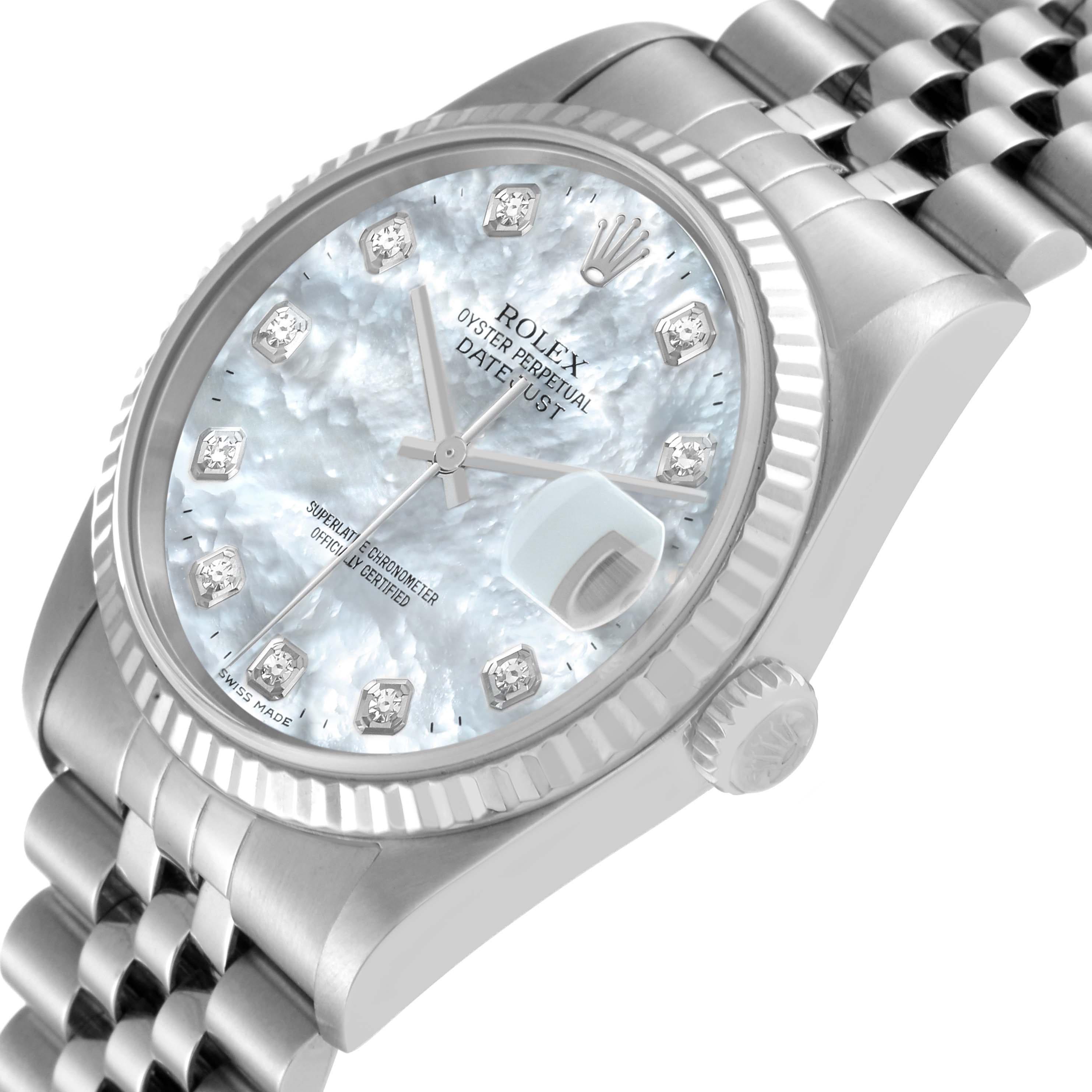 The image shows a close-up angled view of the Rolex Datejust 16234 Men's Stainless Steel Mother of Pearl Dial 16234 Men's Stainless Steel Mother of Pearl Dial watch, highlighting the dial, bezel, crown, and part of the bracelet.